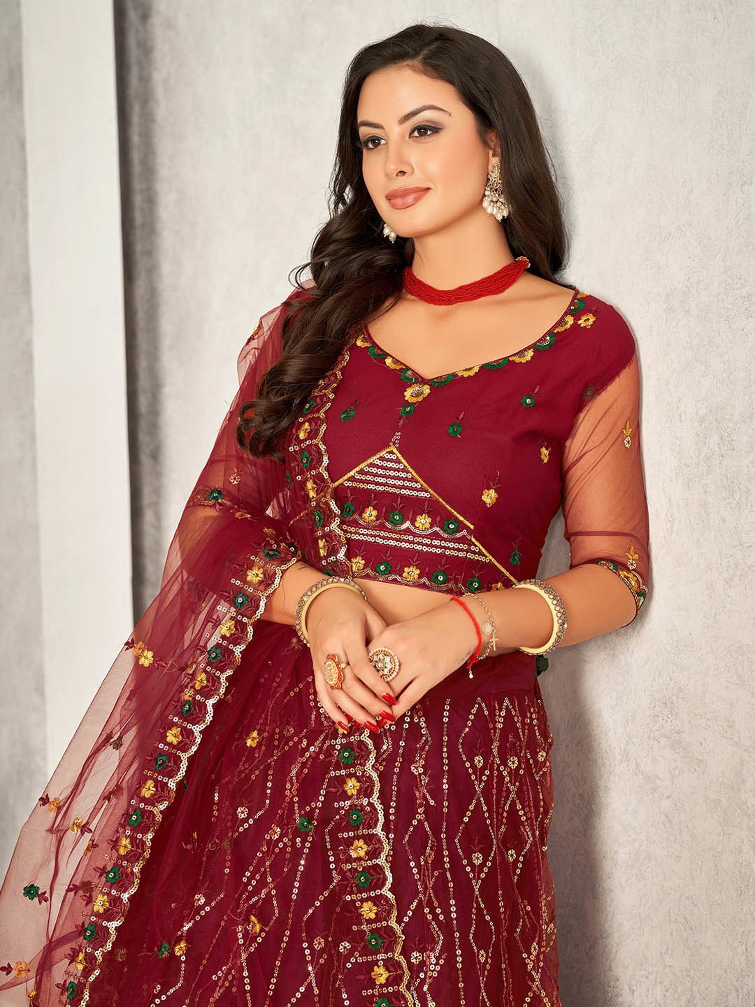 Warthy Ent Maroon Embroidered Lehenga Choli Set With Dupatta
