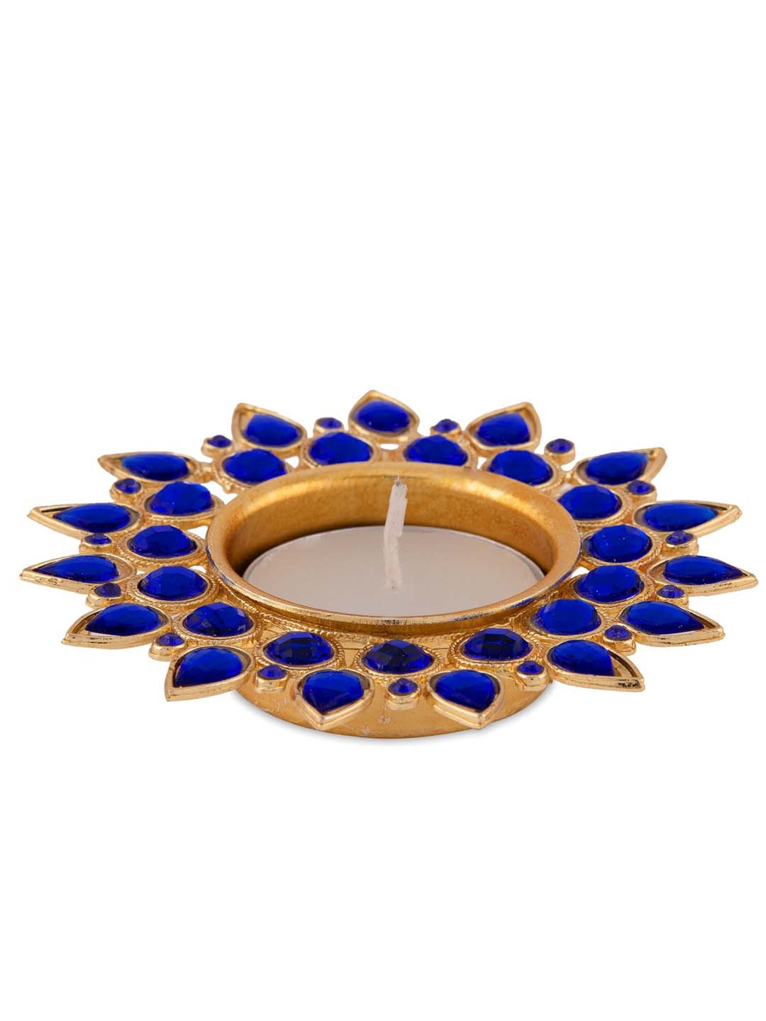 Homesake 'Christmas' Blue & Golden Metal Diya Holder With Tea Light - Set of 4
