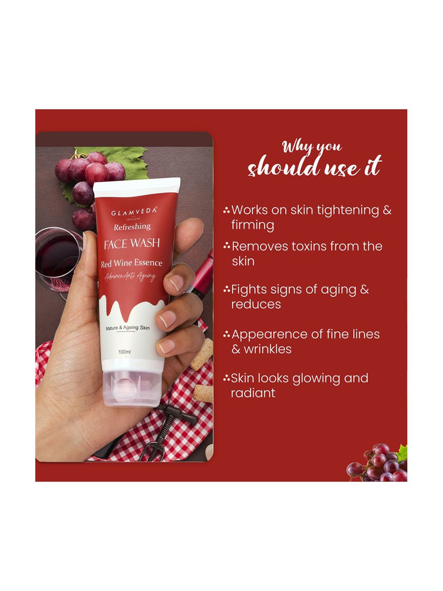 Glamveda Refreshing Red Wine Essence Advanced Anti Ageing Face Wash - 100 ml