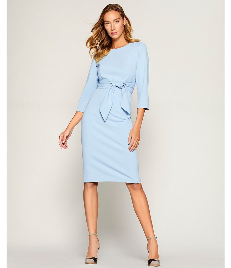 Adrianna Papell Stretch Crepe Knit Tie Waist 3/4 Sleeve Midi Sheath Dress