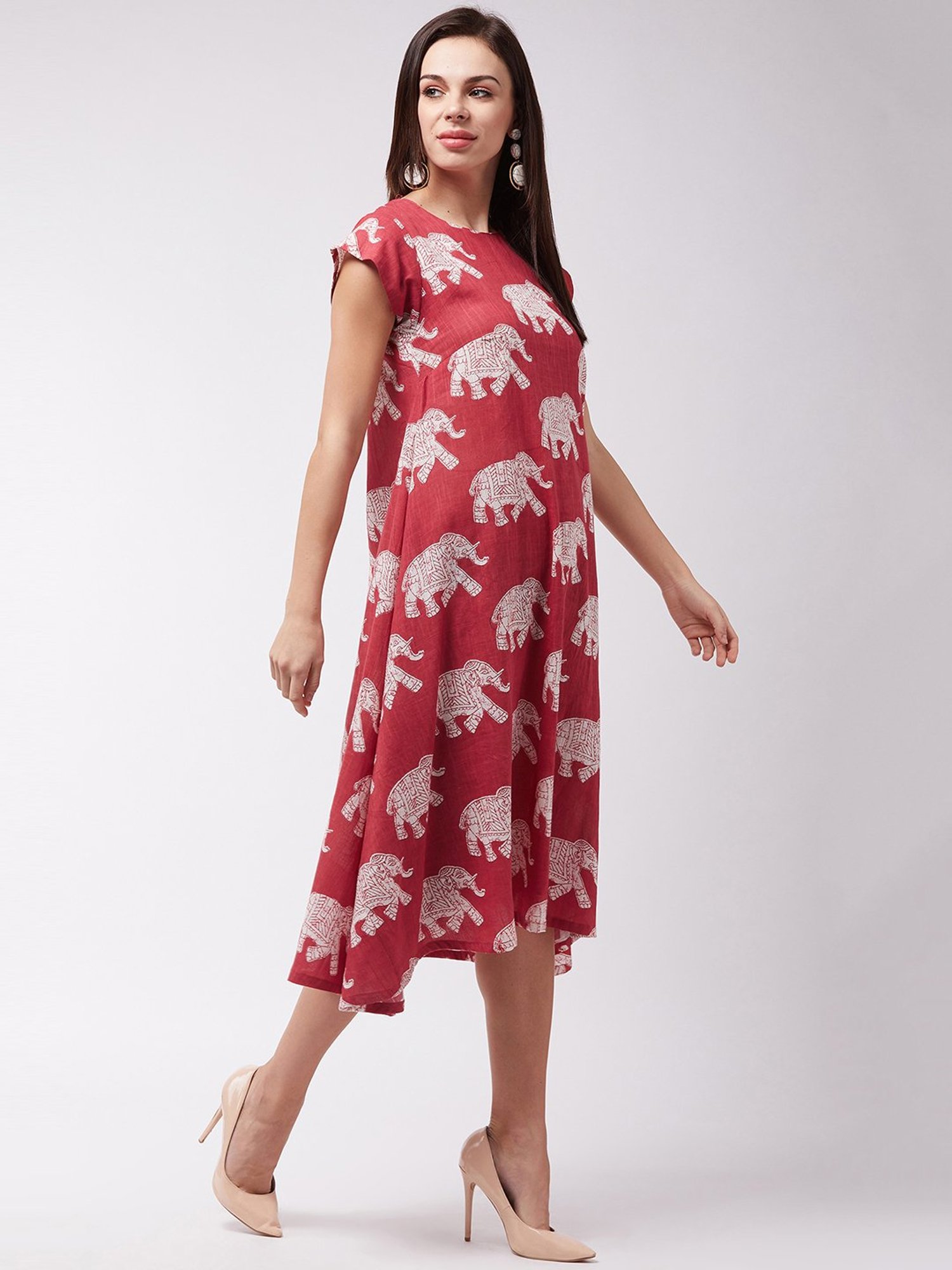 Inweave Red Cotton Printed A Line Dress