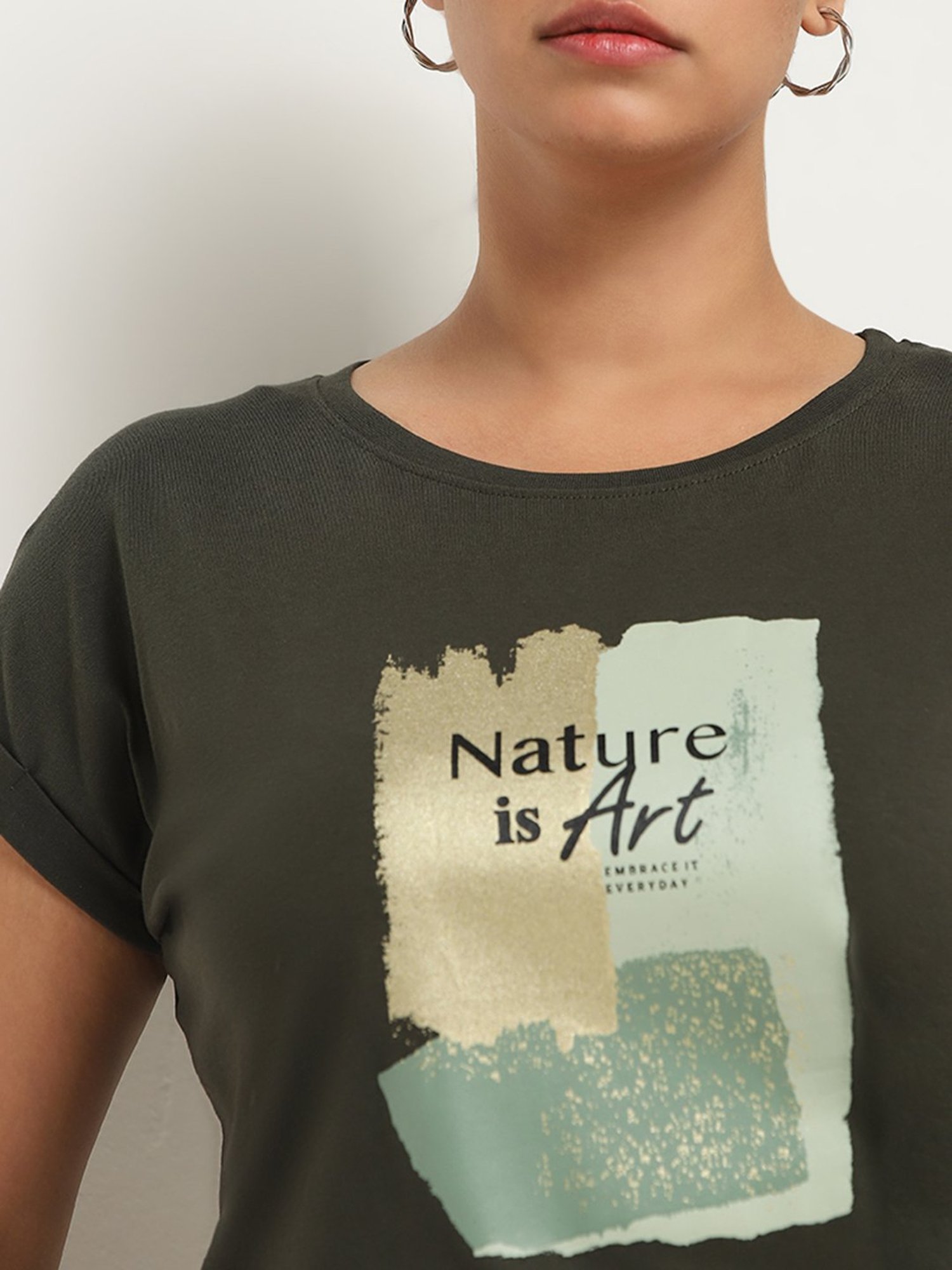 Gia by Westside Olive Text Printed T-Shirt