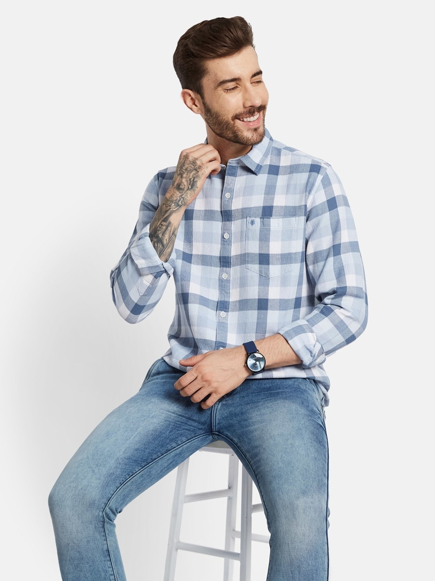 Mettle Blue Cotton Regular Fit Checks Shirt