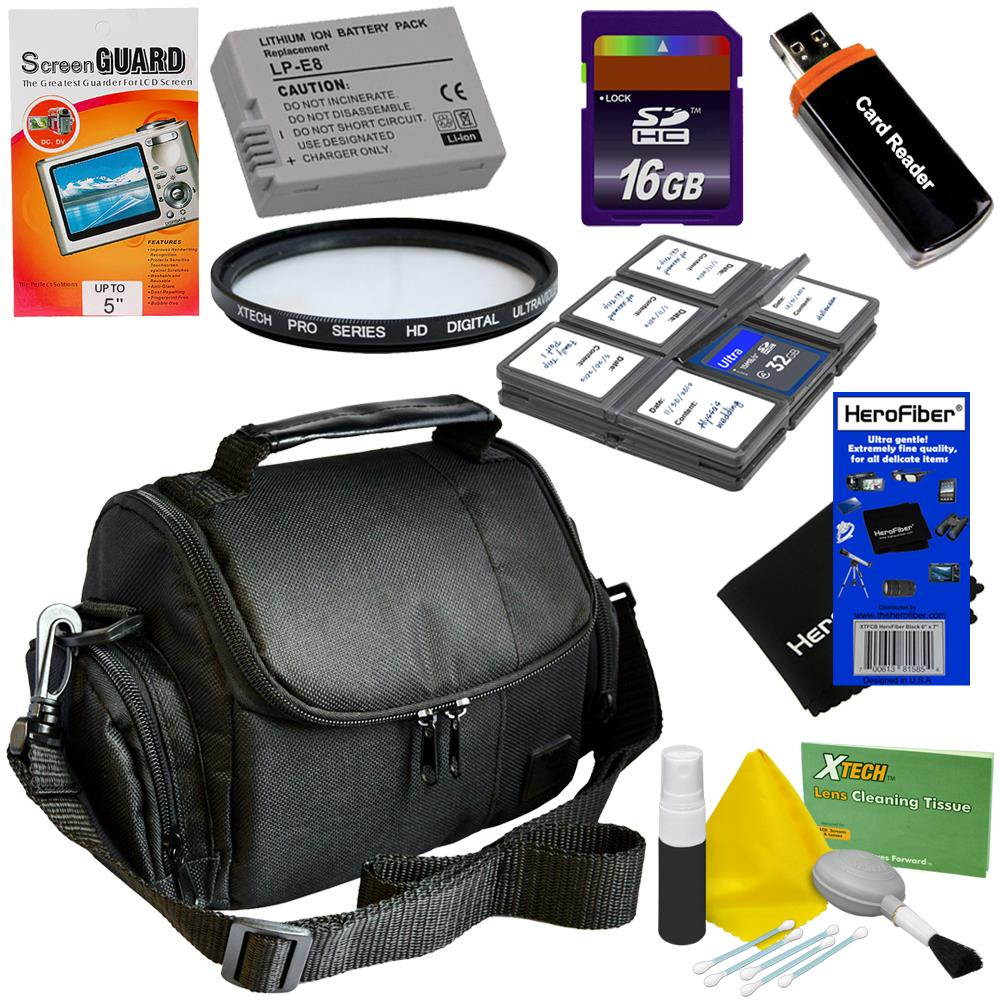 9pc Bundle 16GB Accessory Kit w/LP-E8 Battery Pack + HeroFiber&reg; Ultra Gentle Cleaning Cloth for Canon EOS Rebel T2i, T3i, T4i & T5i (550D, 600D, 650D & 700D) Digital SLR Cameras
