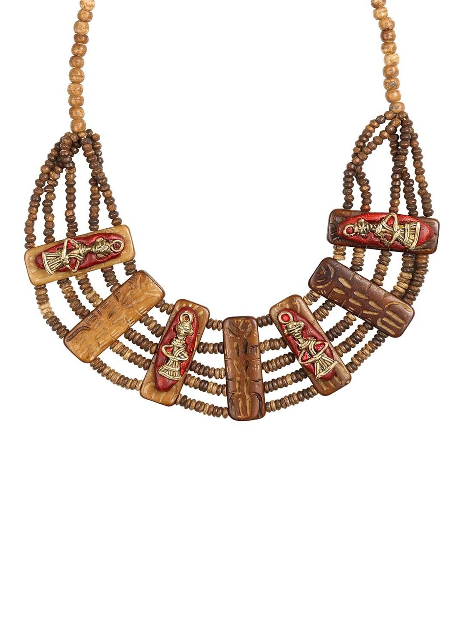 ExclusiveLane 'Tribal Men Carved' Brown & Maroon Brass Necklace Handcrafted in Dhokra Art