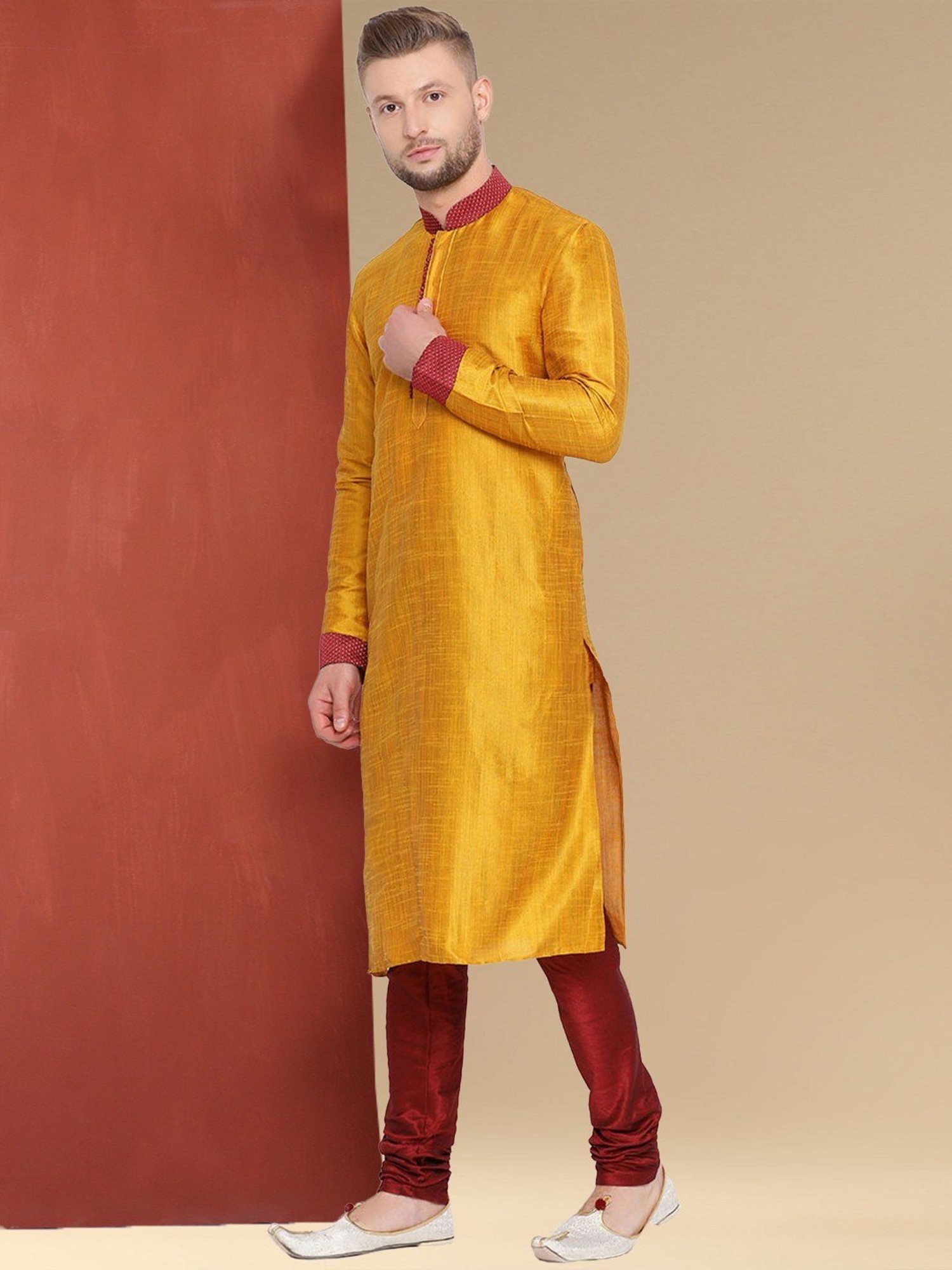 Sanwara Yellow & Red Cotton Regular Fit Texture Kurta Bottom Set