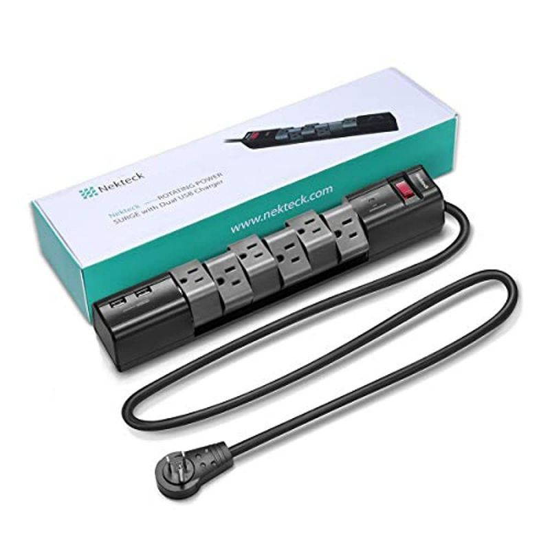 Flat Plug Surge Protector, Nekteck Surge Protector Power Strip with 2 USB Port and 6 Rotating-Outlet, 590 Joule,15A 1800W 6ft Extension Cord, Wall-mountable Surge Protector for Home Office Hotel