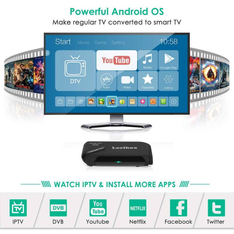 Leelbox Android TV Box with Free Local TV Channels Search Function, Amlogic Quad Core Android Box OTT & DVB-ATSC Combo Supports Live TV/4K 1080P Full HD/3D Movie/Bluetooth 4.0/2.4G WiFi/H.265 Video De