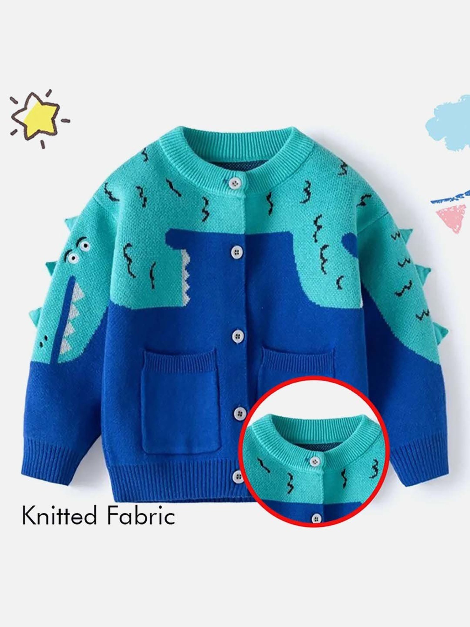 Little Surprise Box Kids Blue Printed Full Sleeves Cardigan