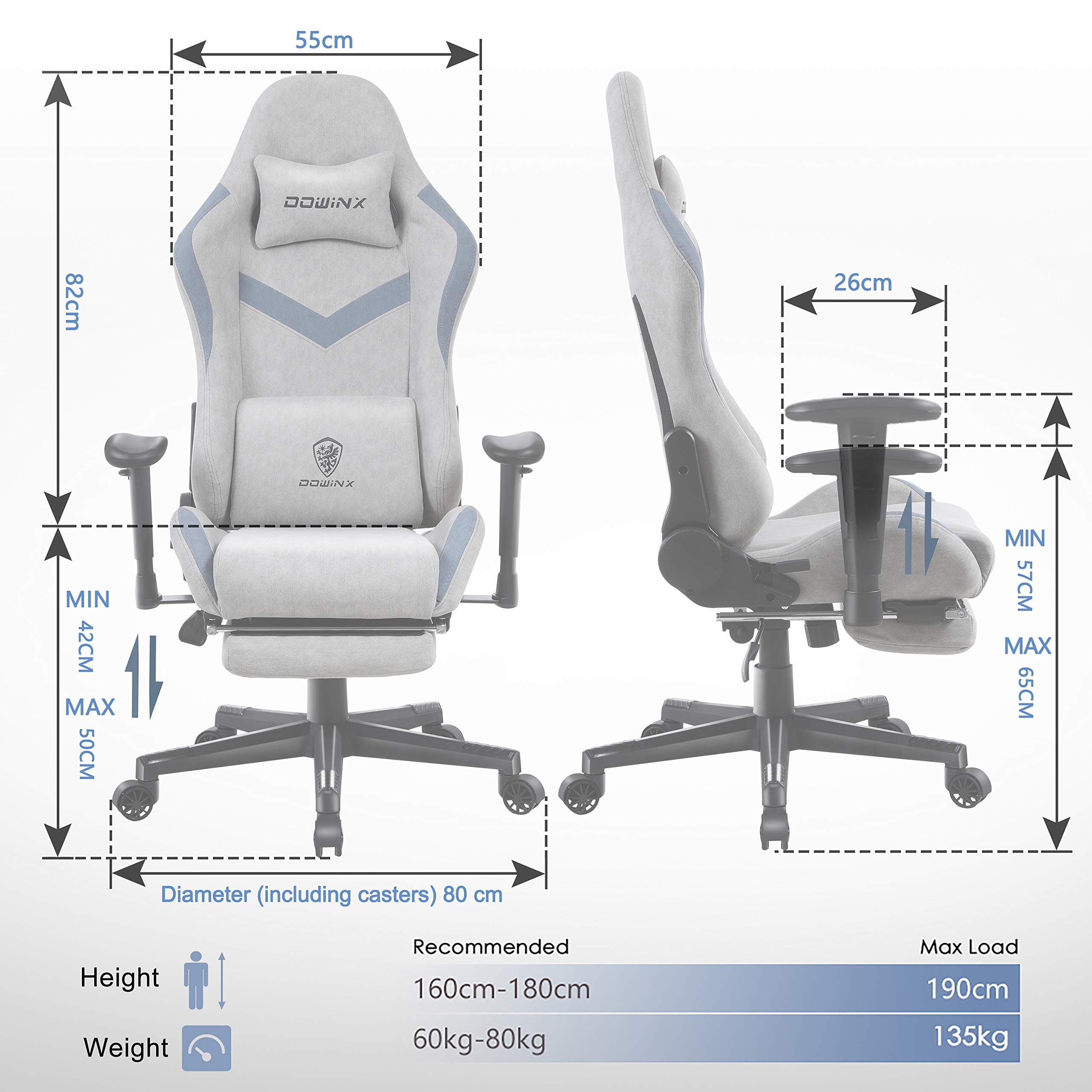 Dowinx Gaming Chair Breathable Fabric Office Chair with Massage Lumbar Support, High Back Ergonomic Comouter Chair Adjustable Swivel Task Chair with Footrest (Blue)
