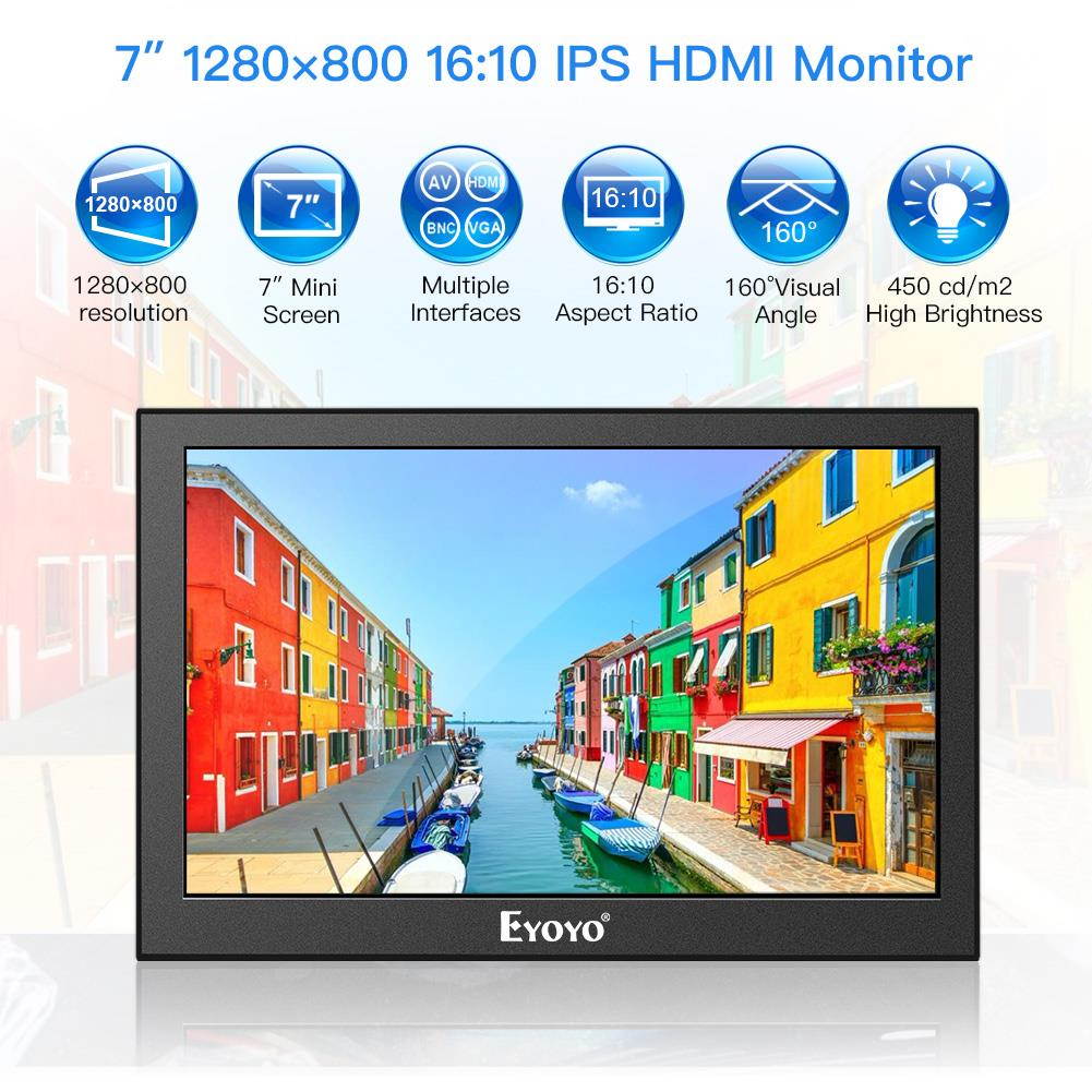 Eyoyo 7 inch Small HDMI LCD Monitor, Portable 1280x800 16:10 IPS Screen Support HDMI/VGA/AV/BNC Inputs