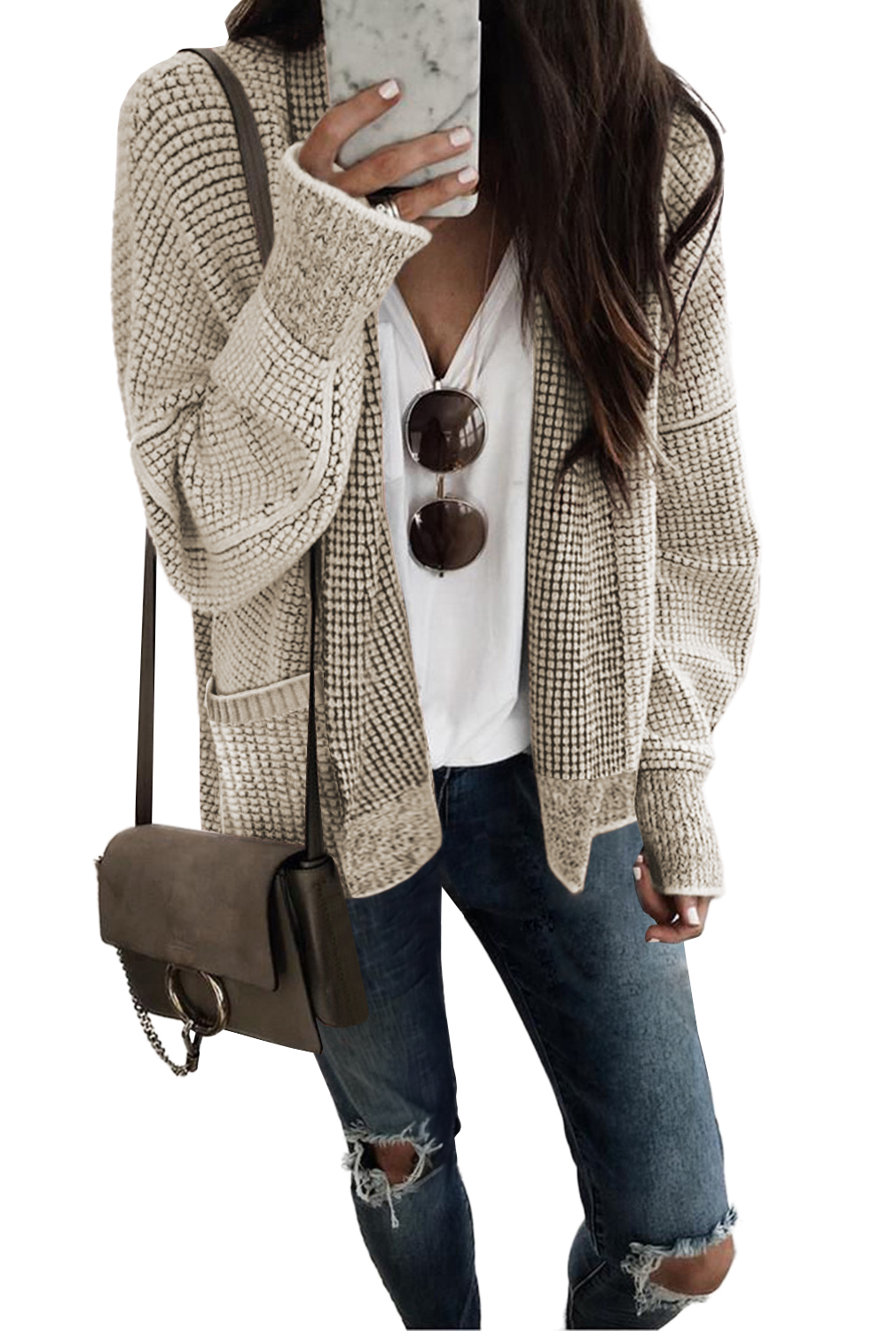 Apricot Chunky Knit Pockets Drop Sleeve Cardigan
