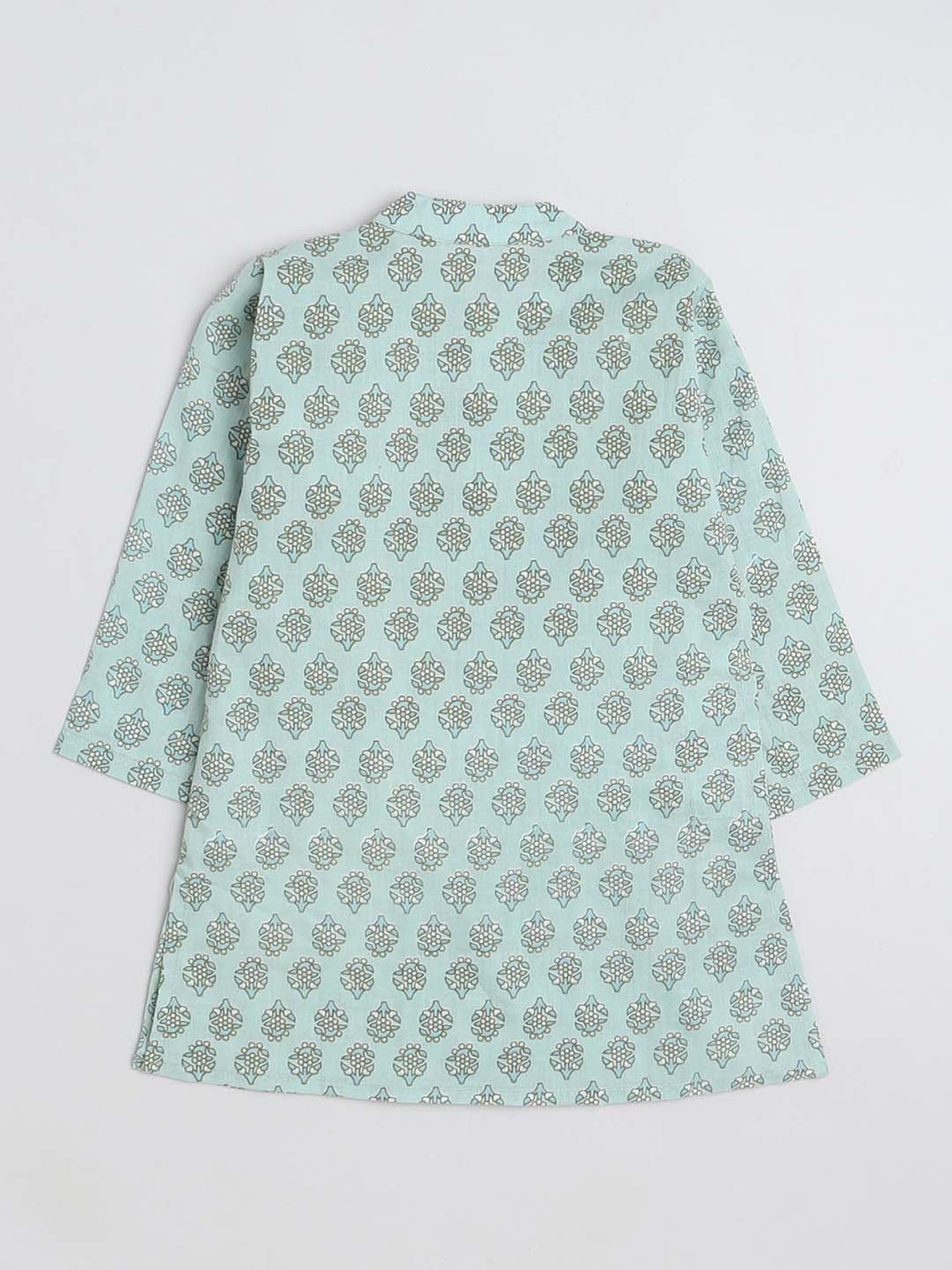 The Magic Wand Kids Mint Green & White Cotton Floral Print Full Sleeves Kurta Set
