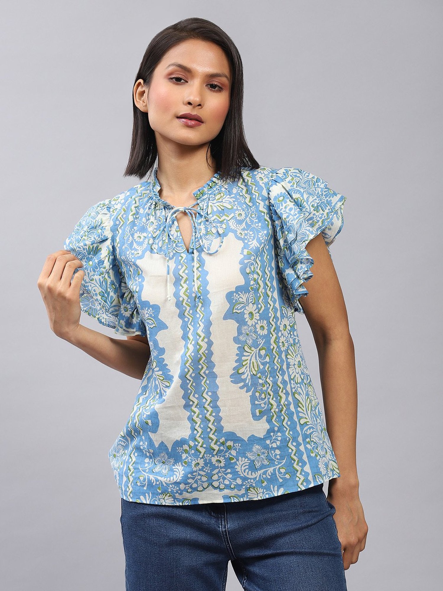 Label Ritu Kumar Blue Floral Print Top