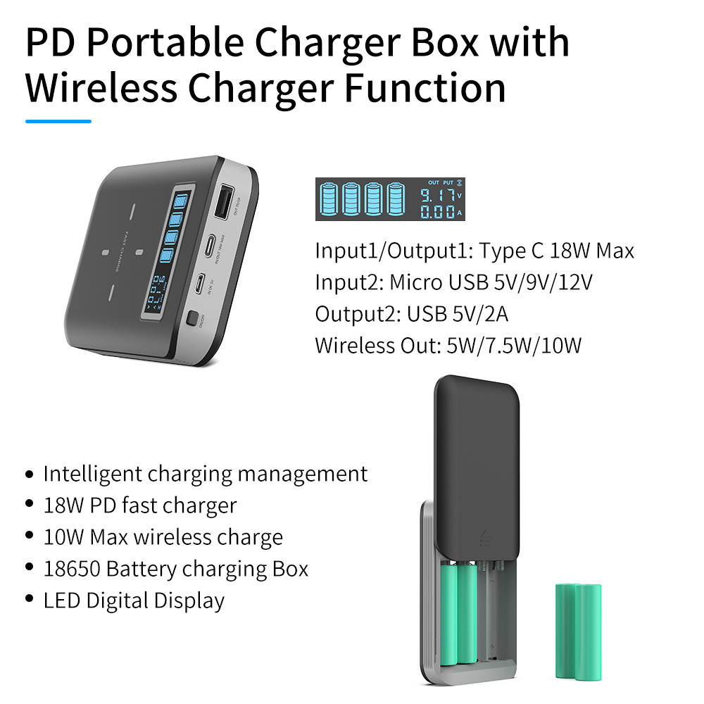 3 In 1 Multifunction Charge Box Charging Station Power Bank All-in-one ,PD 18W Fast Charging ,10W Wireless Charging ,Charger for 18650 Batteries (Battery not Included) Input Output Power Station