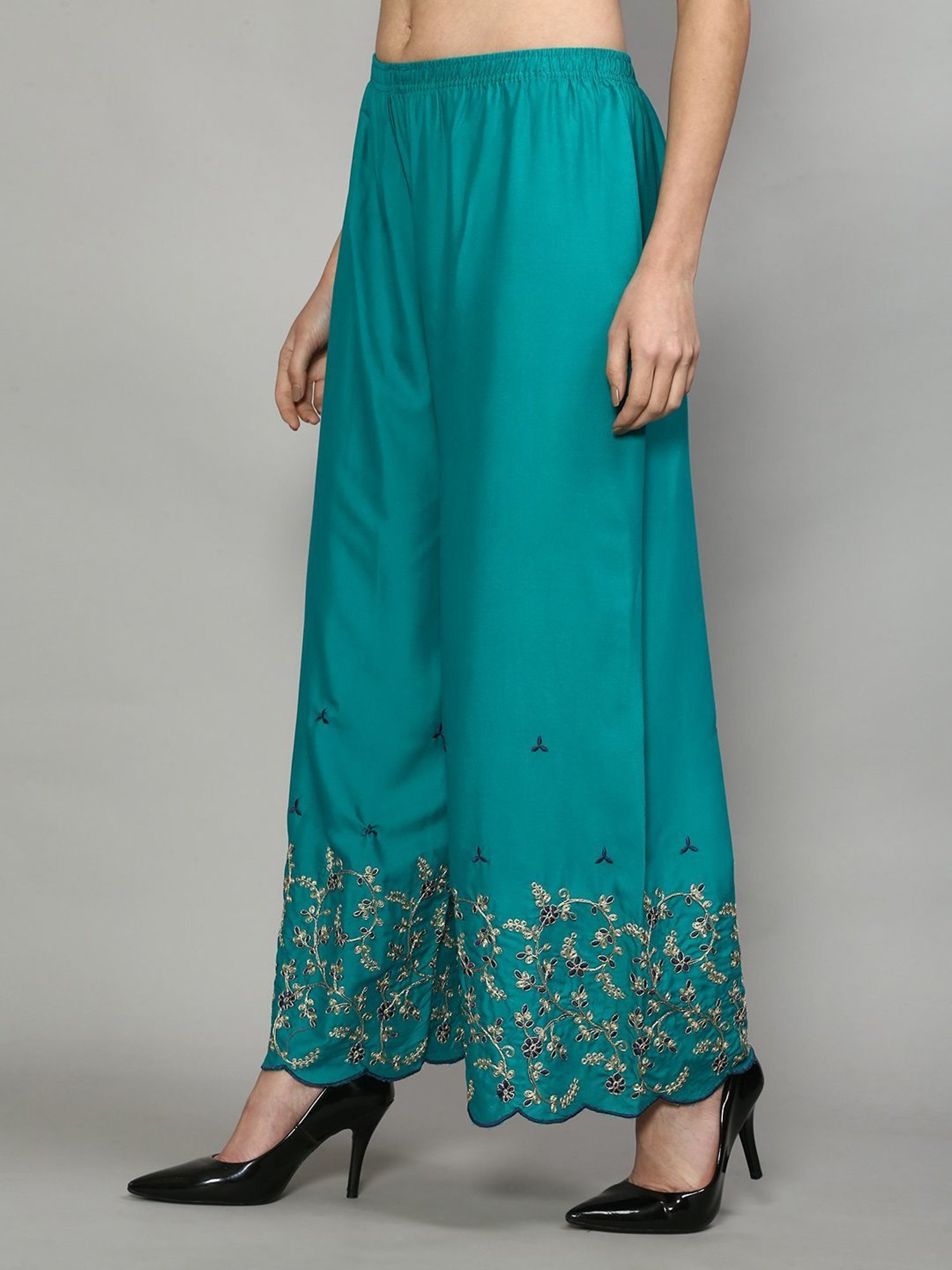 Gracit Green & Turquoise Embroidered Palazzos - Pack Of 2