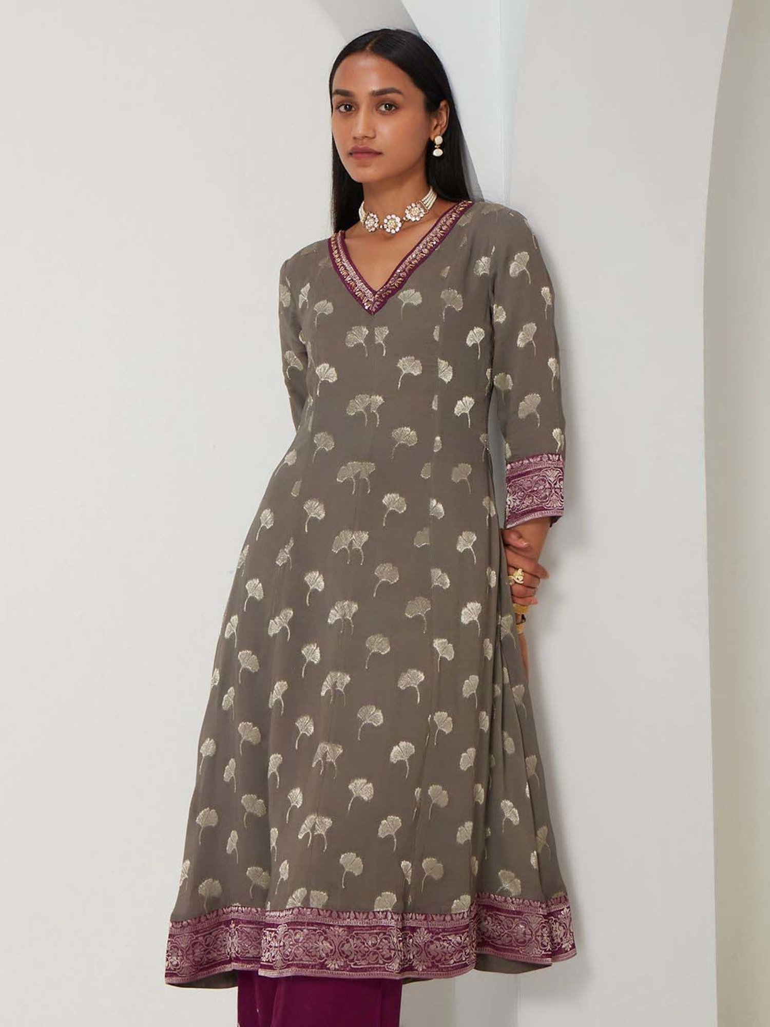 Ancestry Ash Grey Woven Pattern Anarkali Kurta