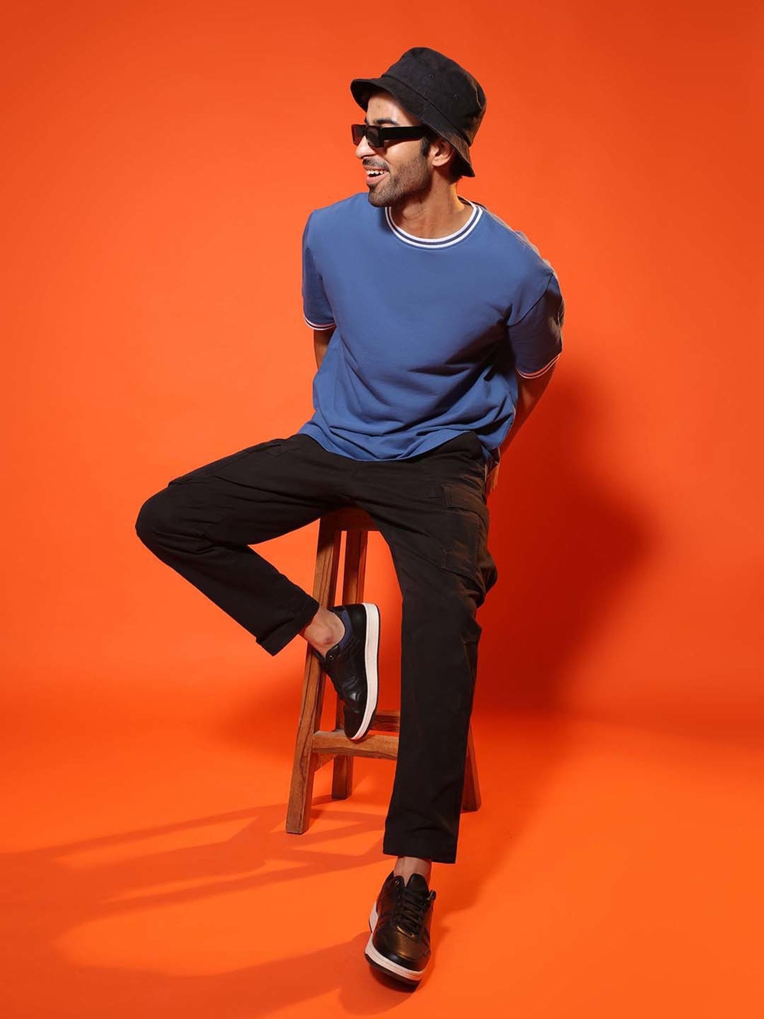 SUBTRACT Dark Blue Regular Fit Cotton Oversized Crew T-Shirt