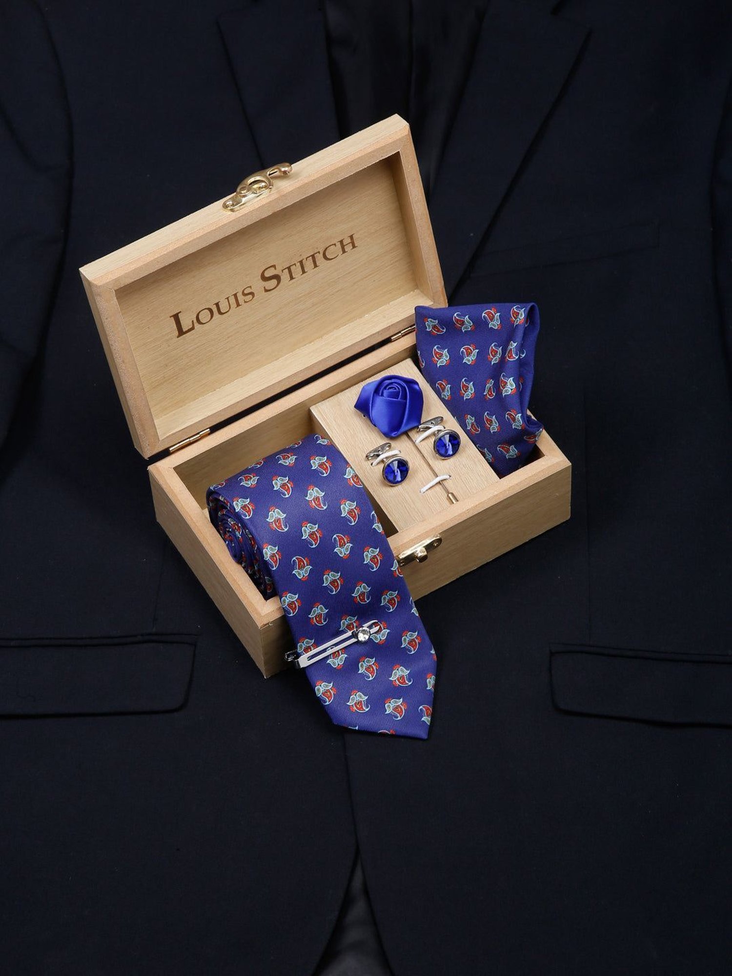 Louis Stitch Blue Printed Necktie Gift Set - Set of 5