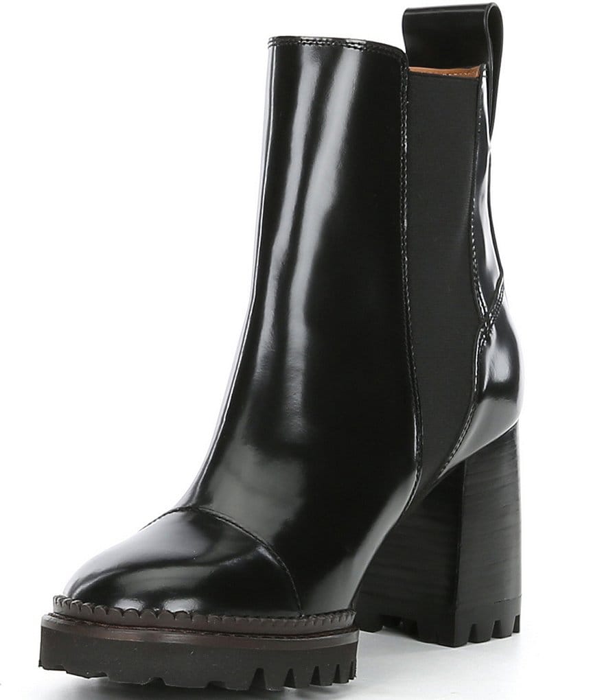 See By Chloe Mallory Leather Block Heel Lug Sole Chelsea Booties