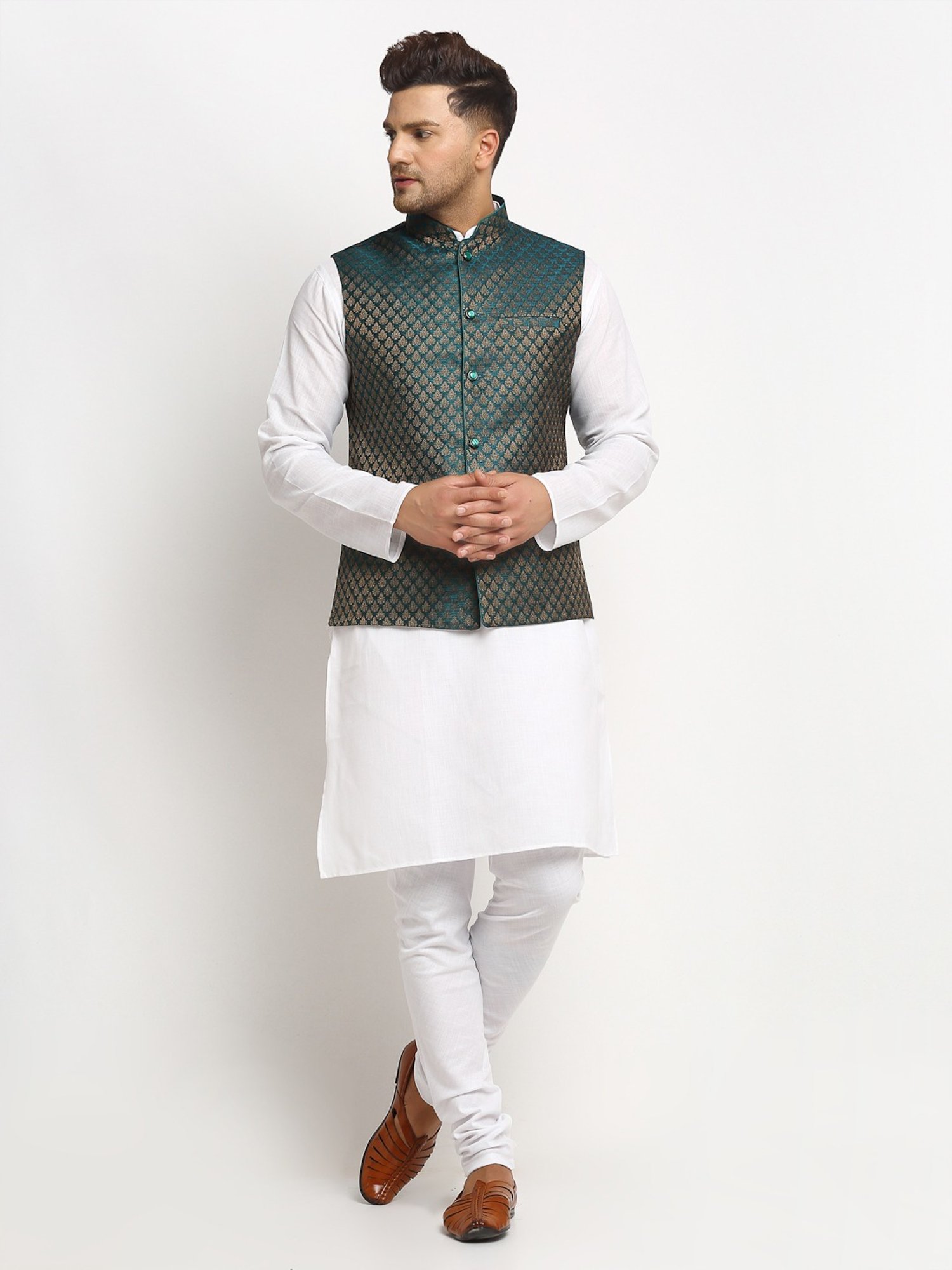 Treemoda Dark Green Regular Fit Self Pattern Nehru Jacket