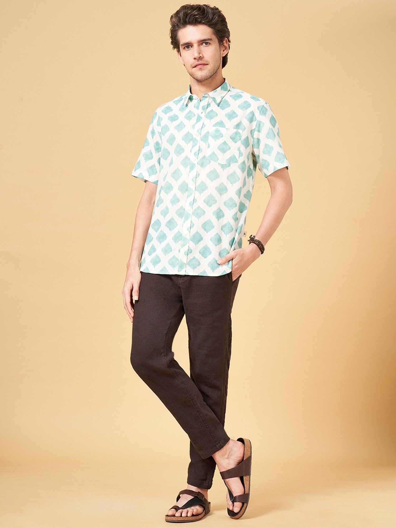 Indus Route by Pantaloons Malachite Green Cotton Regular Fit Printed Shirt