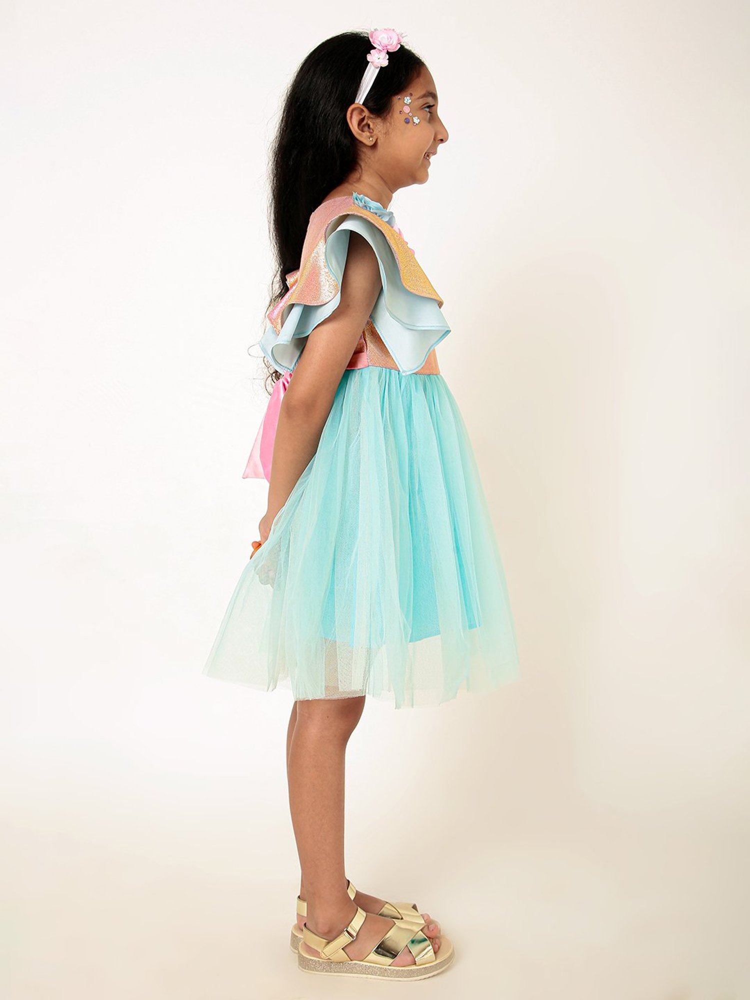 A Little Fable Girls Peach & Blue Shimmer Dress