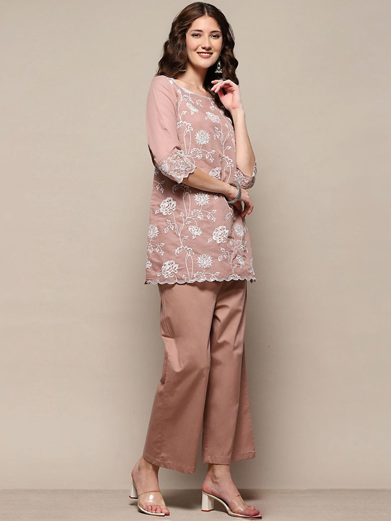 Biba Beige Embroidered Kurti Palazzo Set