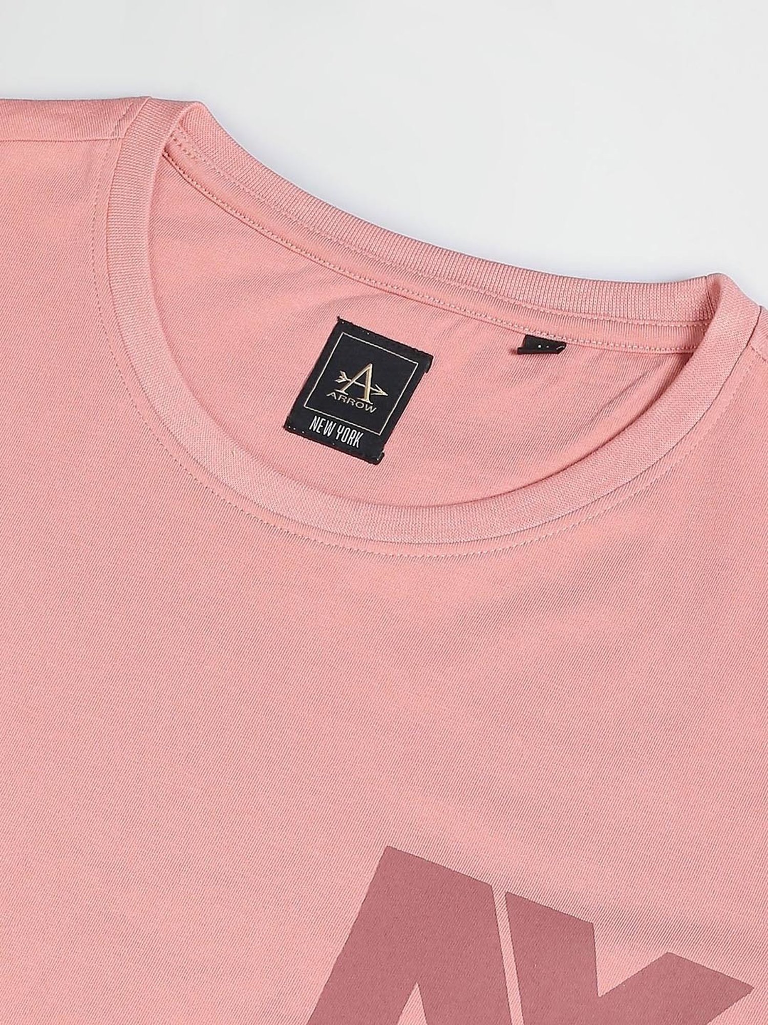 Arrow New York Dusty Pink Regular Fit Printed Cotton Crew T-Shirt