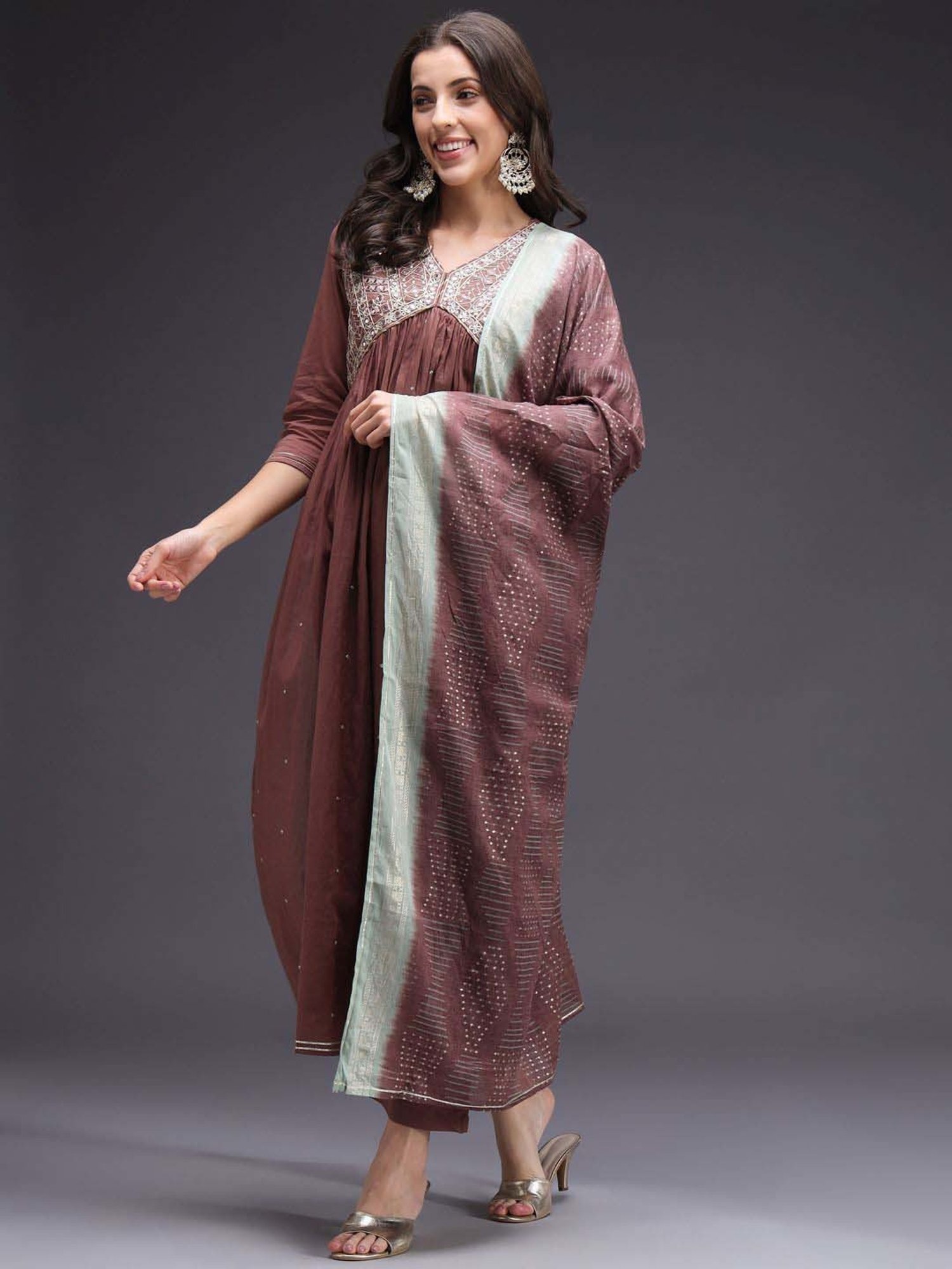 Heeposh Brown Embroidered Kurta Pant Set With Dupatta