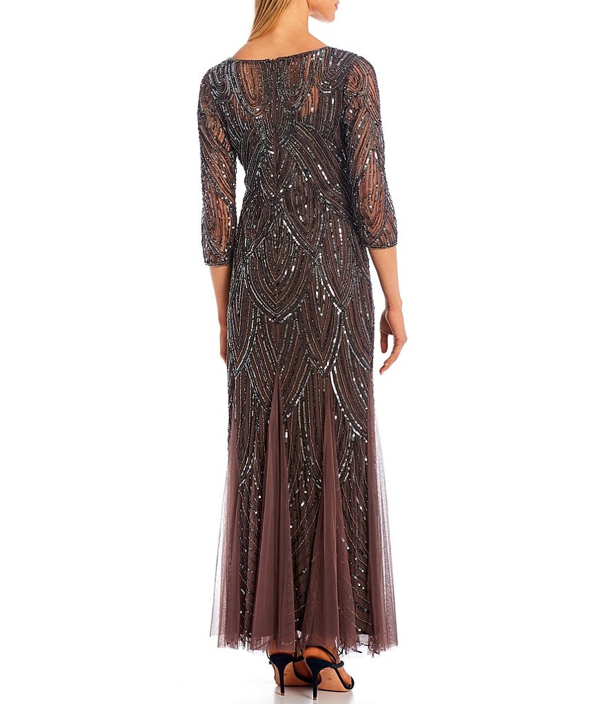 Pisarro Nights Long Sequin 3/4 Sleeve Round Neck Sheath Gown