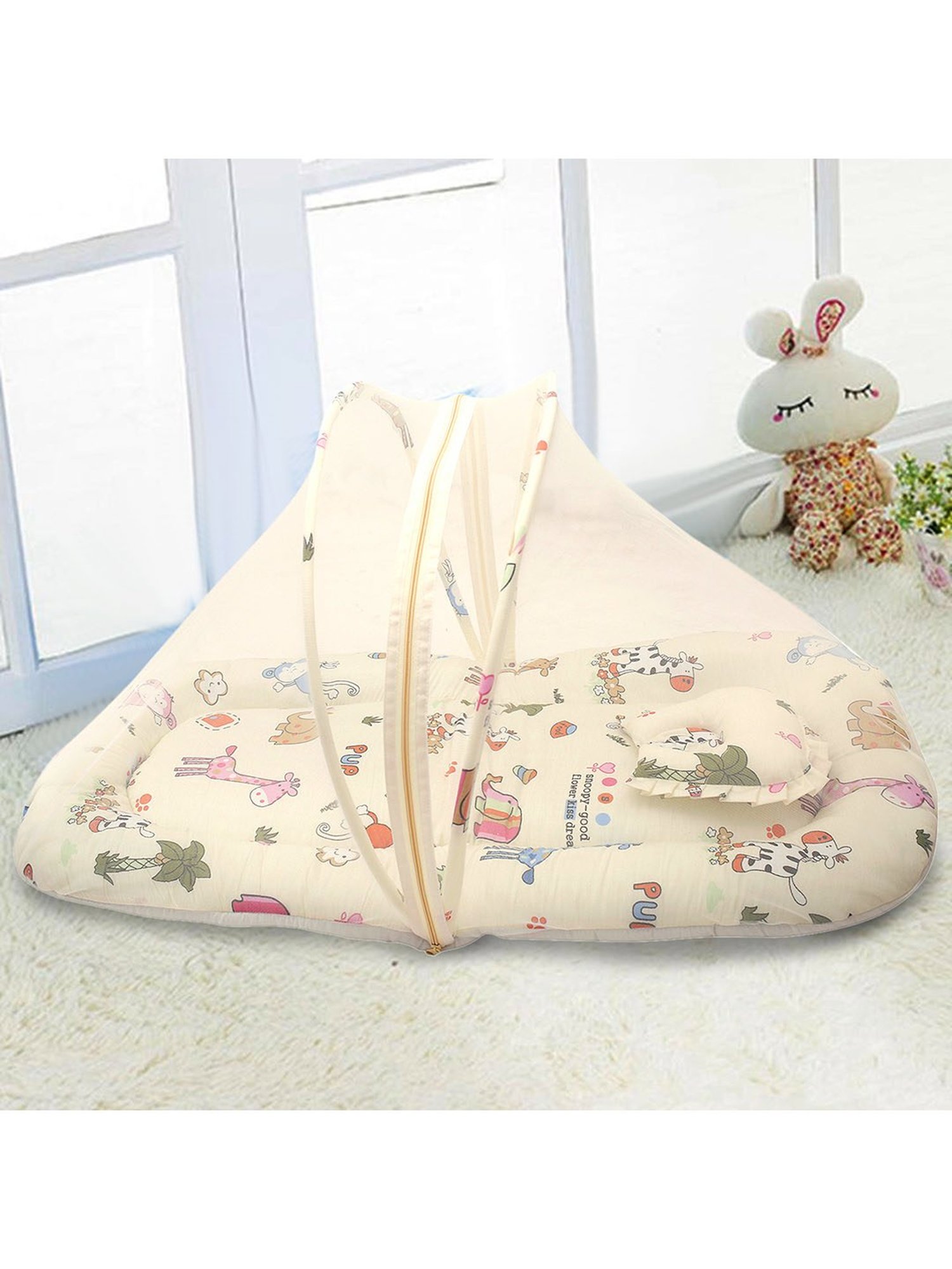 Baby Moo Tent Mattress Set with Neck Pillow I Love Animals Cream