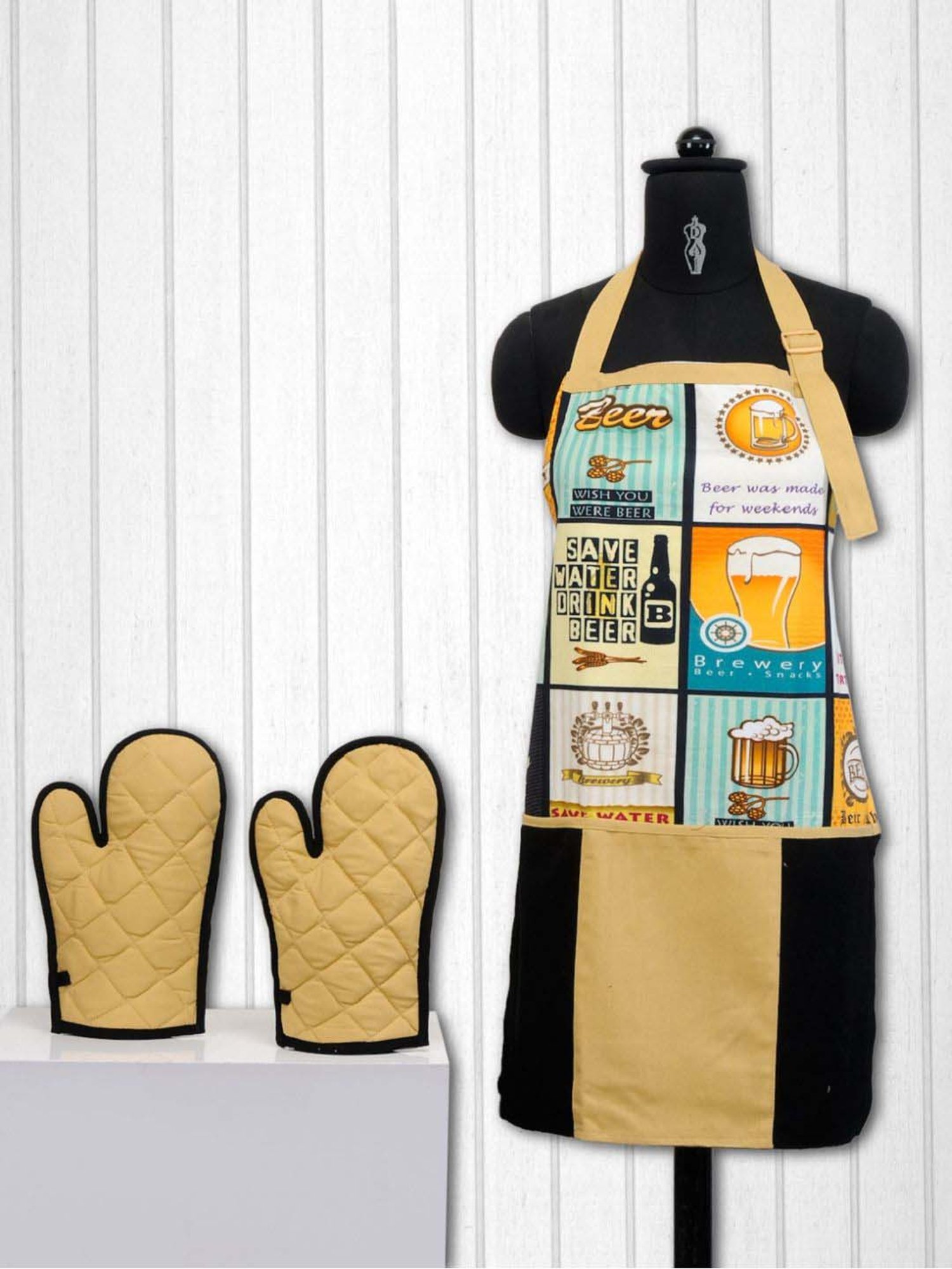 Swayam Beige & Black Kitchen Apron with Oven Gloves - Set of 1