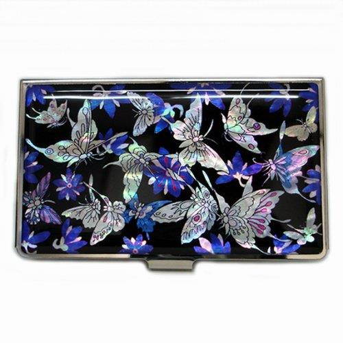 Antique Alive Mother of Pearl Blue Butterfly Metal Business Credit Name Id Card Holder Case Wallet (B115)