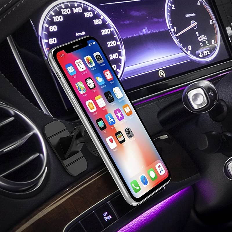 Magnetic Dash Car Mount Phone Holder Desk Stand Compatible with iPhone, Samsung, Huawei, Nokia, LG, Moto Smartphone, Stick-on Dashboard 3M-Adhesive Bendable Base and Metal Plate Included