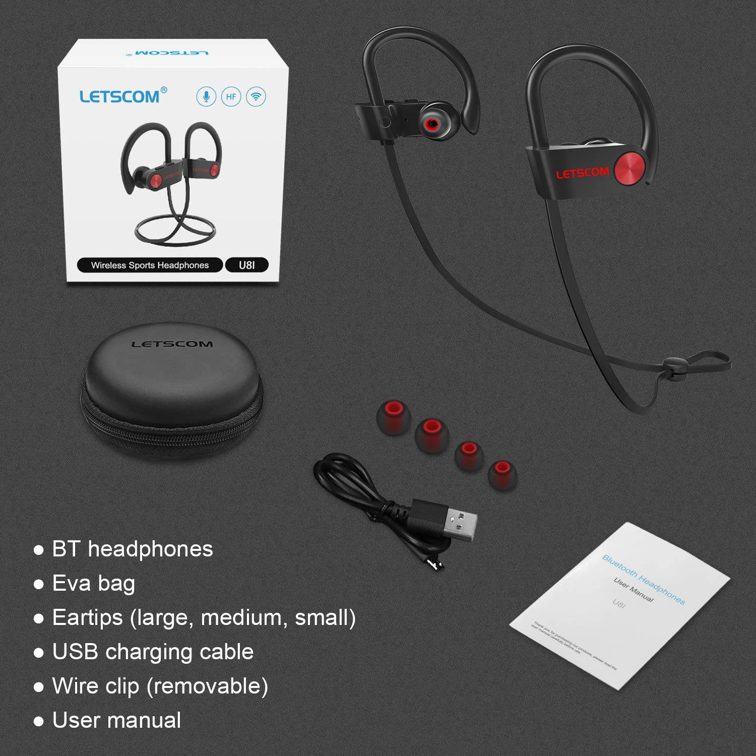 Bluetooth Headphones IPX7 Waterproof, Wireless Sport Earphones, HiFi Bass Stereo Sweatproof Earbuds w/Mic, Noise Cancelling Headset for Workout, Running, Gym, 8 Hours Play Time