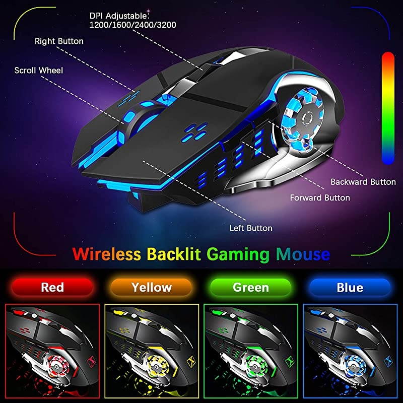 Gaming Keyboard and Mouse,Rainbow Backlit Rechargeable Keyboard Mouse with 3800mAh Battery Metal Panel,Removable Hand Rest Mechanical Feel Keyboard and 7 Color Gaming Mute Mouse for PC Gamers