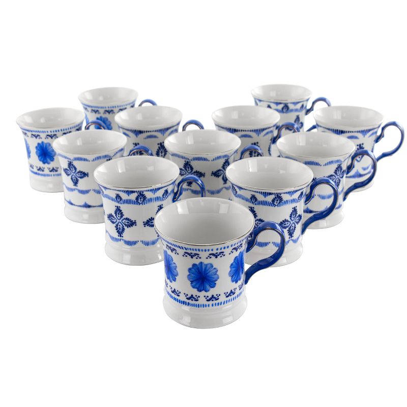 Meritage Navy 12 Piece 13.2 Ounce Fine Ceramic Cup Set in White with 4 Assorted Designs