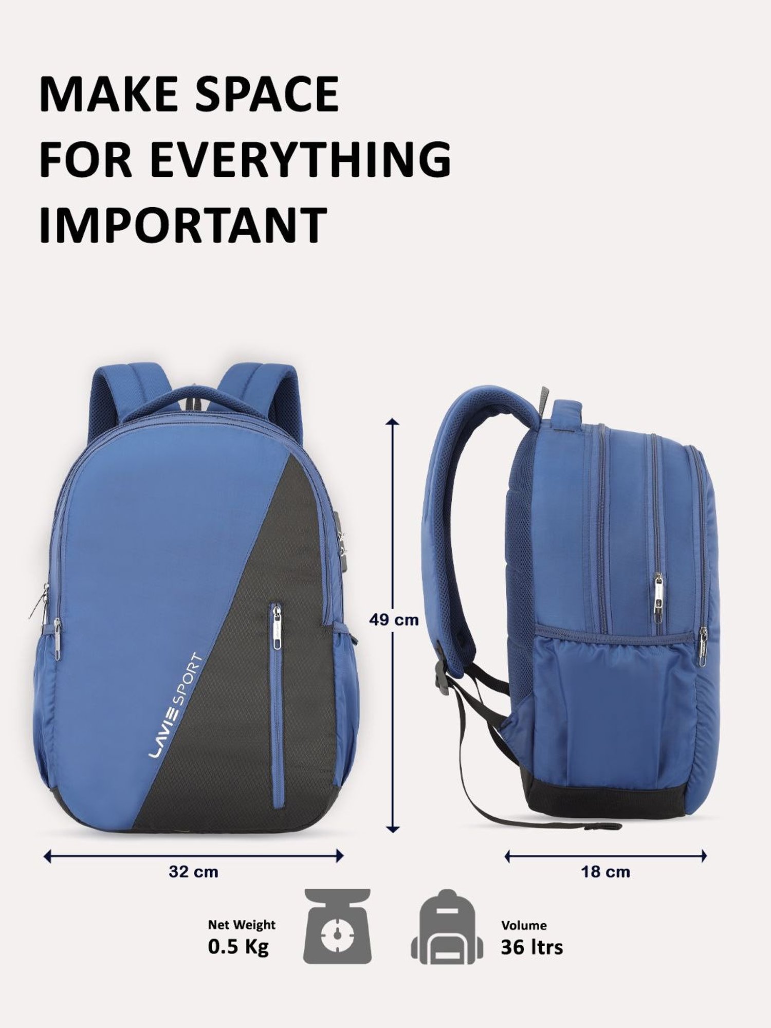 Lavie Sport Diagonal 36L Anti-theft Laptop Backpack For Men & Women (Navy)