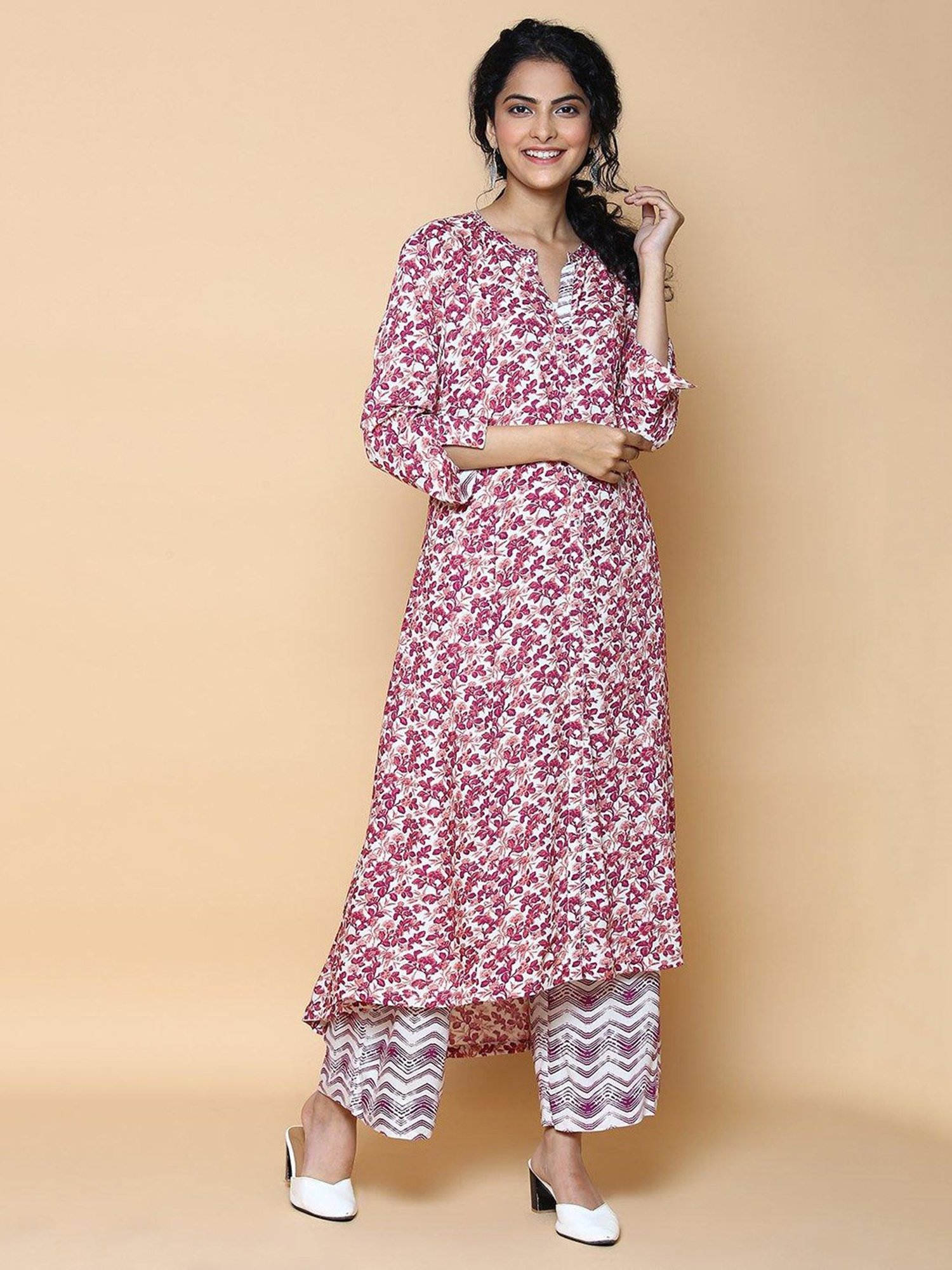 Biba White & Magenta Printed Kurta & Palazzo Set