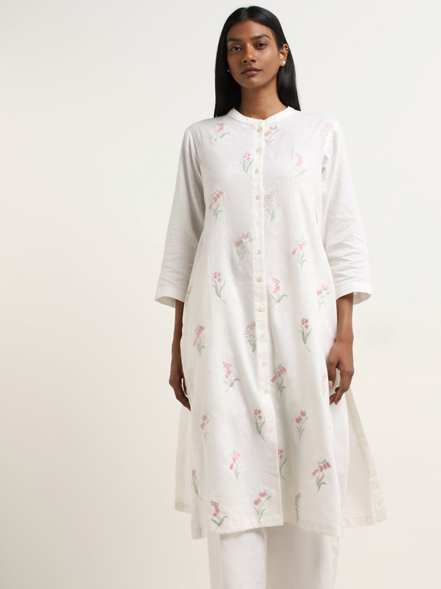 Zuba by Westside White Floral Embroidered A-line Cotton Kurta