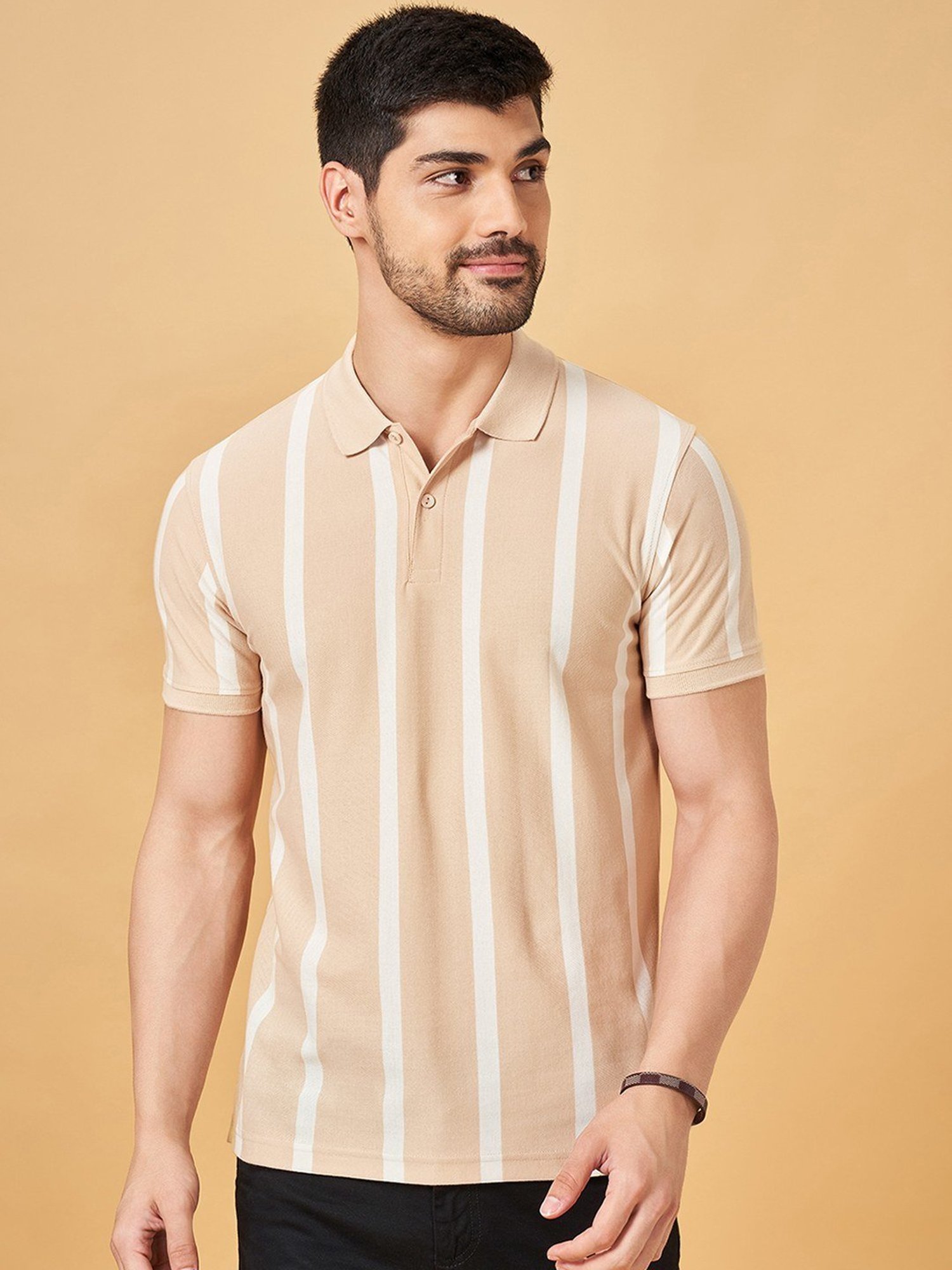 Byford By Pantaloons Beige Slim Fit Striped Polo T-Shirt