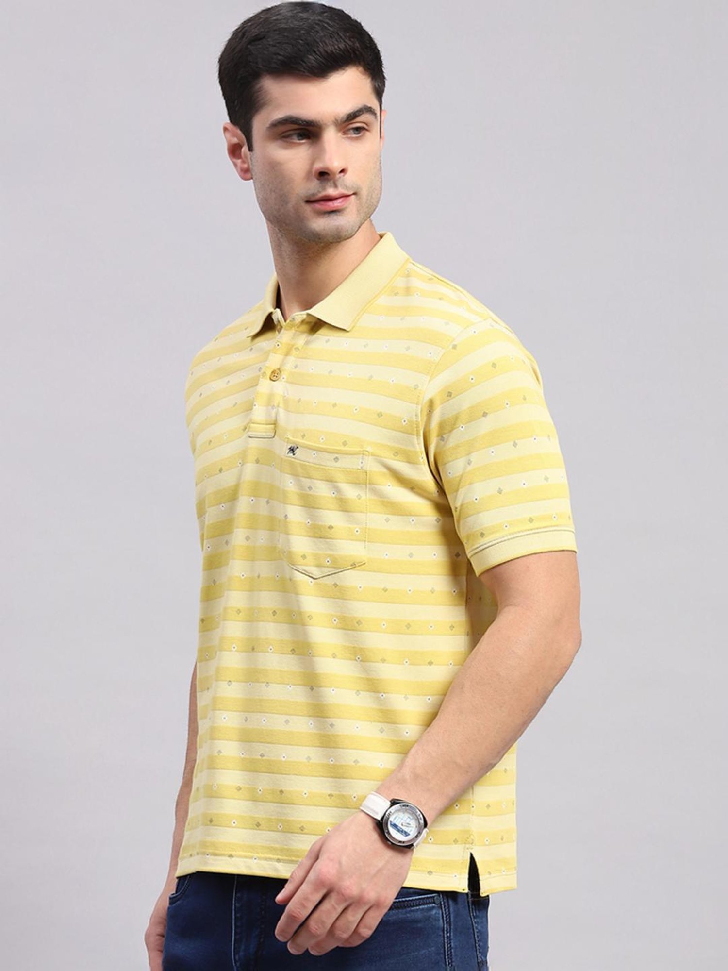 Monte Carlo Yellow Regular Fit Striped Polo T-Shirt