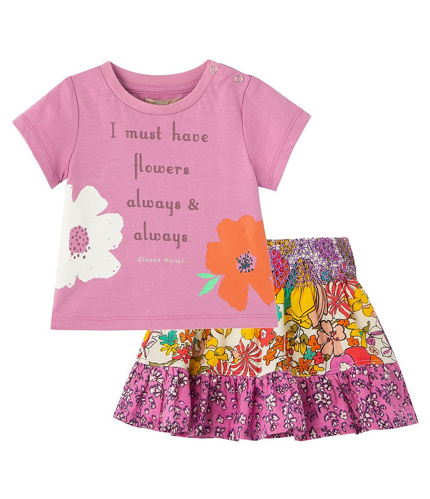 Peek Baby Girl 3-24 Months Short-Sleeve Flower Graphic Tee & Floral Ruffled Skirt Set