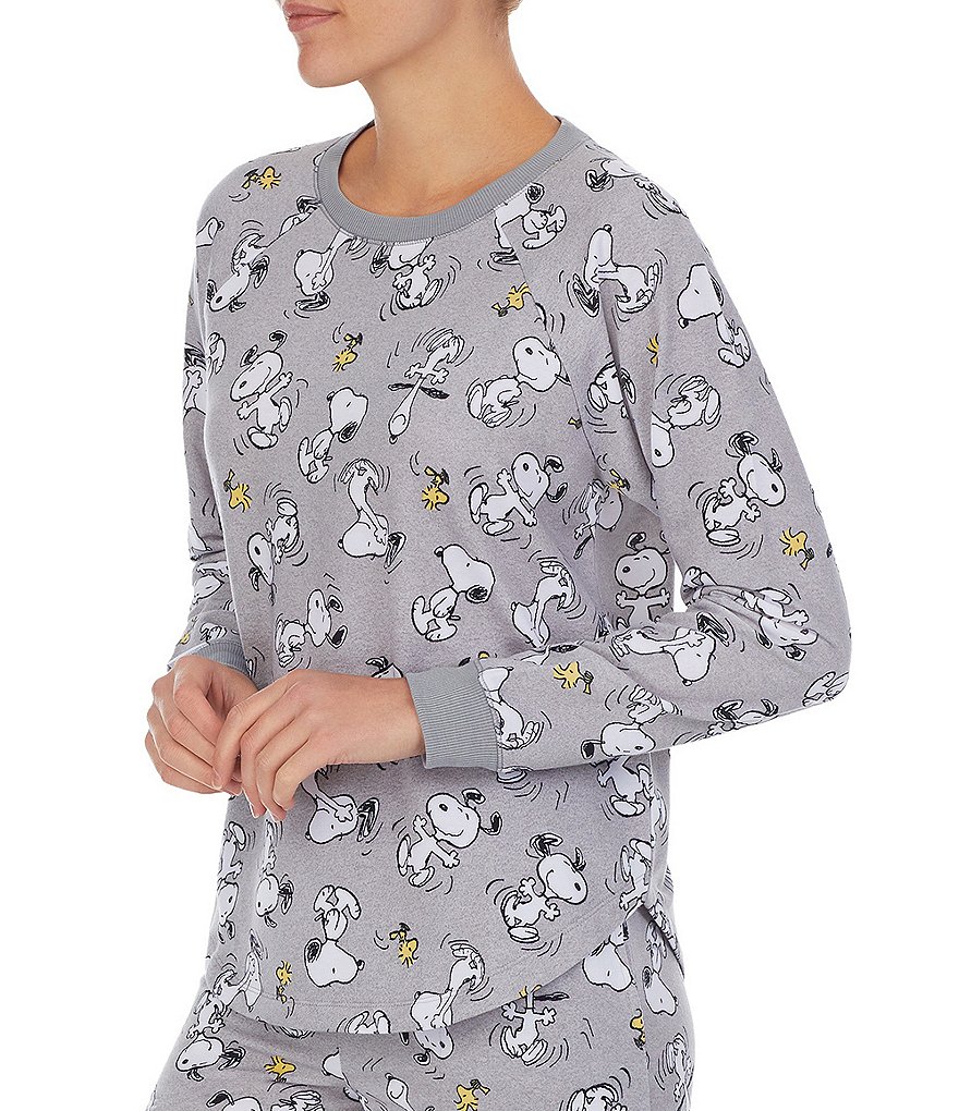 Peanuts Snoopy & Woodstock Printed French Terry Long Sleeve Jewel Neck Coordinating Sleep Top