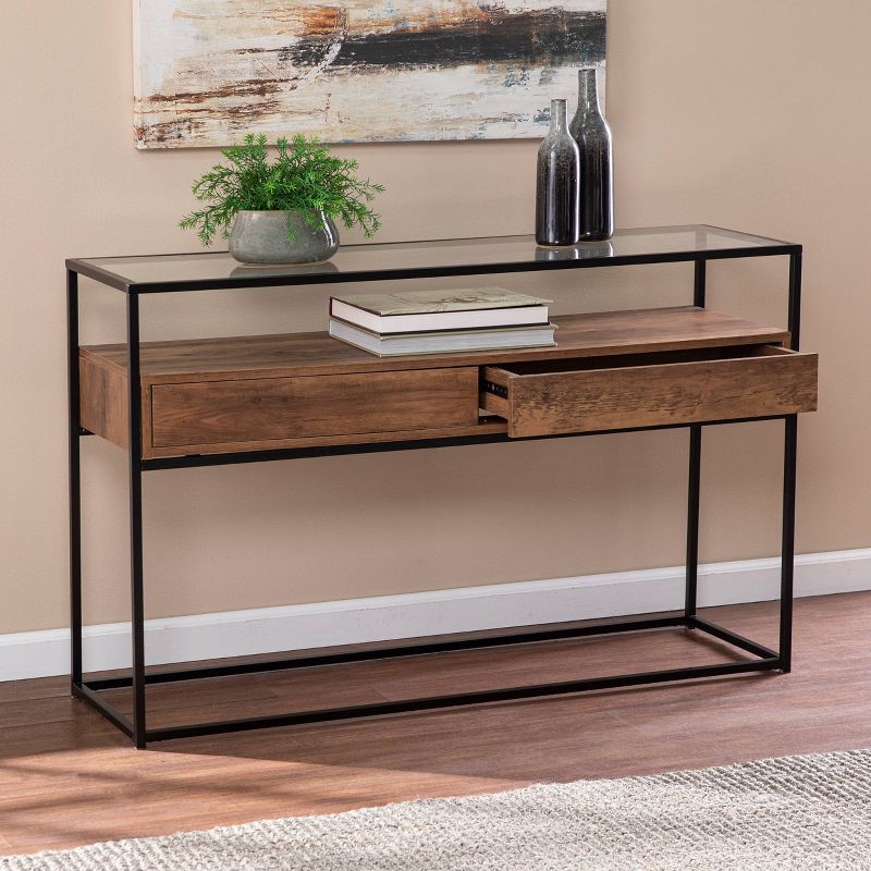 Slehidi Glass Top Console Table with Storage Black/Natural - Aiden Lane