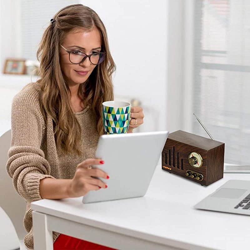 FM AM Radio Retro Wood Radio with Bluetooth Play Mp3 and Antenna Built in Speaker for Kitchen Living Room Office (Yellow)