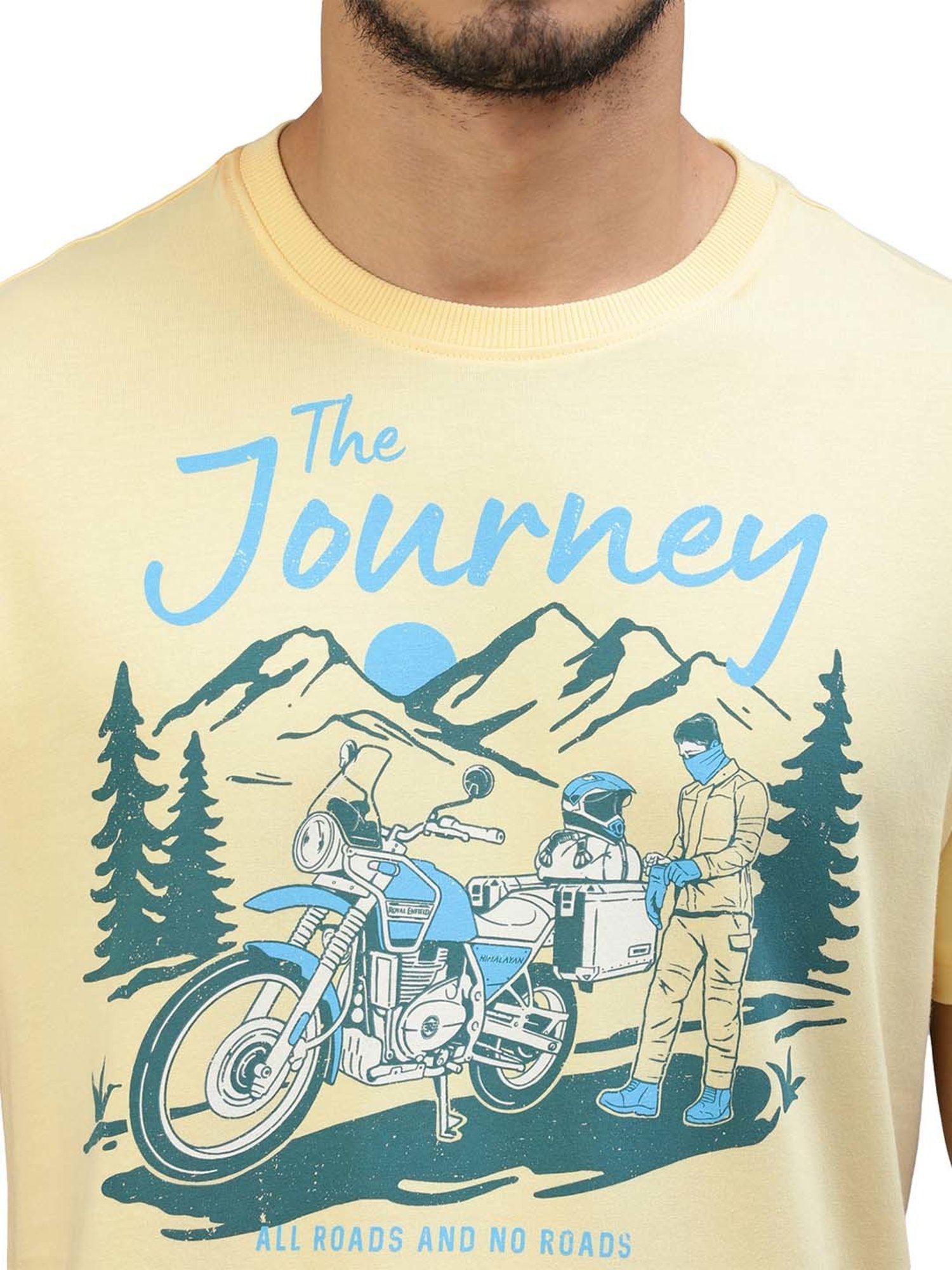 Royal Enfield Mountain Trail Light Yellow Regular Fit Printed Crew T-Shirt