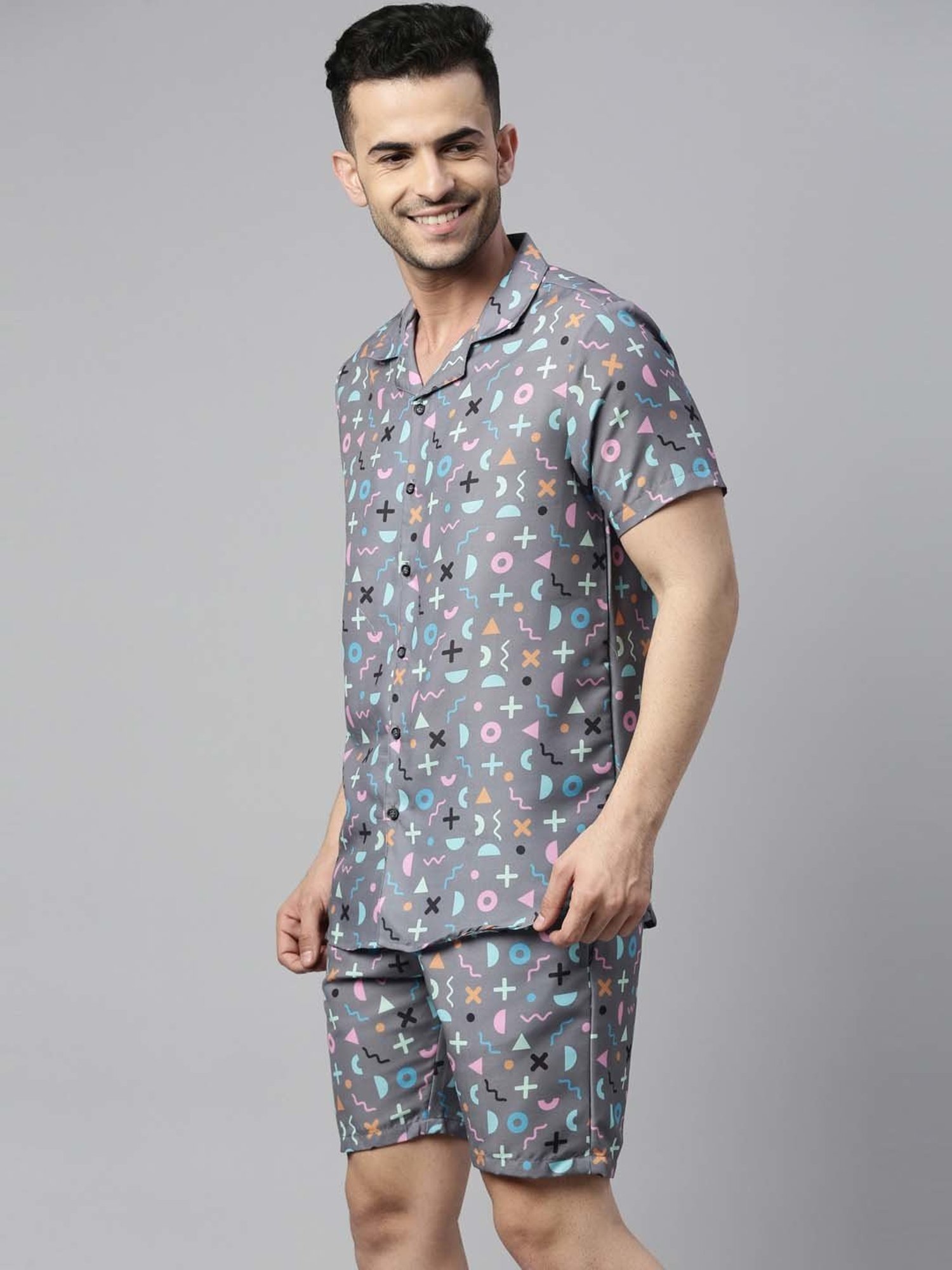 Bushirt Light Grey Regular Fit Printed Shirt & Shorts Set
