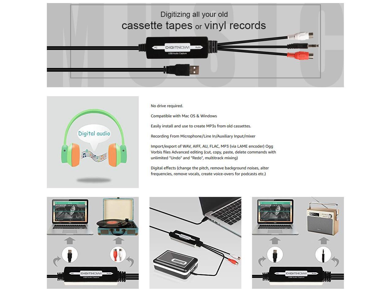 DIGITNOW USB Audio Capture Card Grabber for Vinyl Cassette Tapes to Digital MP3 Converter, Support Mac & Windows 10/8.1/8 / 7 / Vista/XP